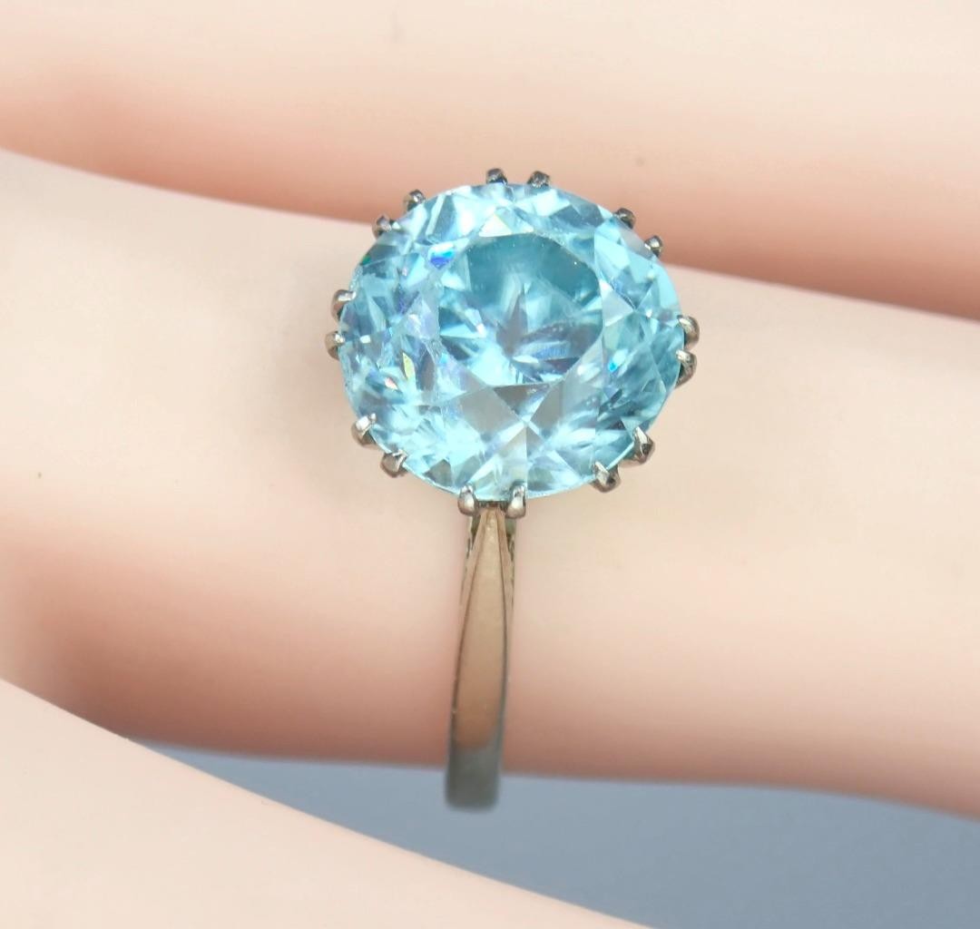 Antique Art Deco 18K Gold 5.4ct Old Cut Blue Zircon Solitaire Engagement Ring 6
