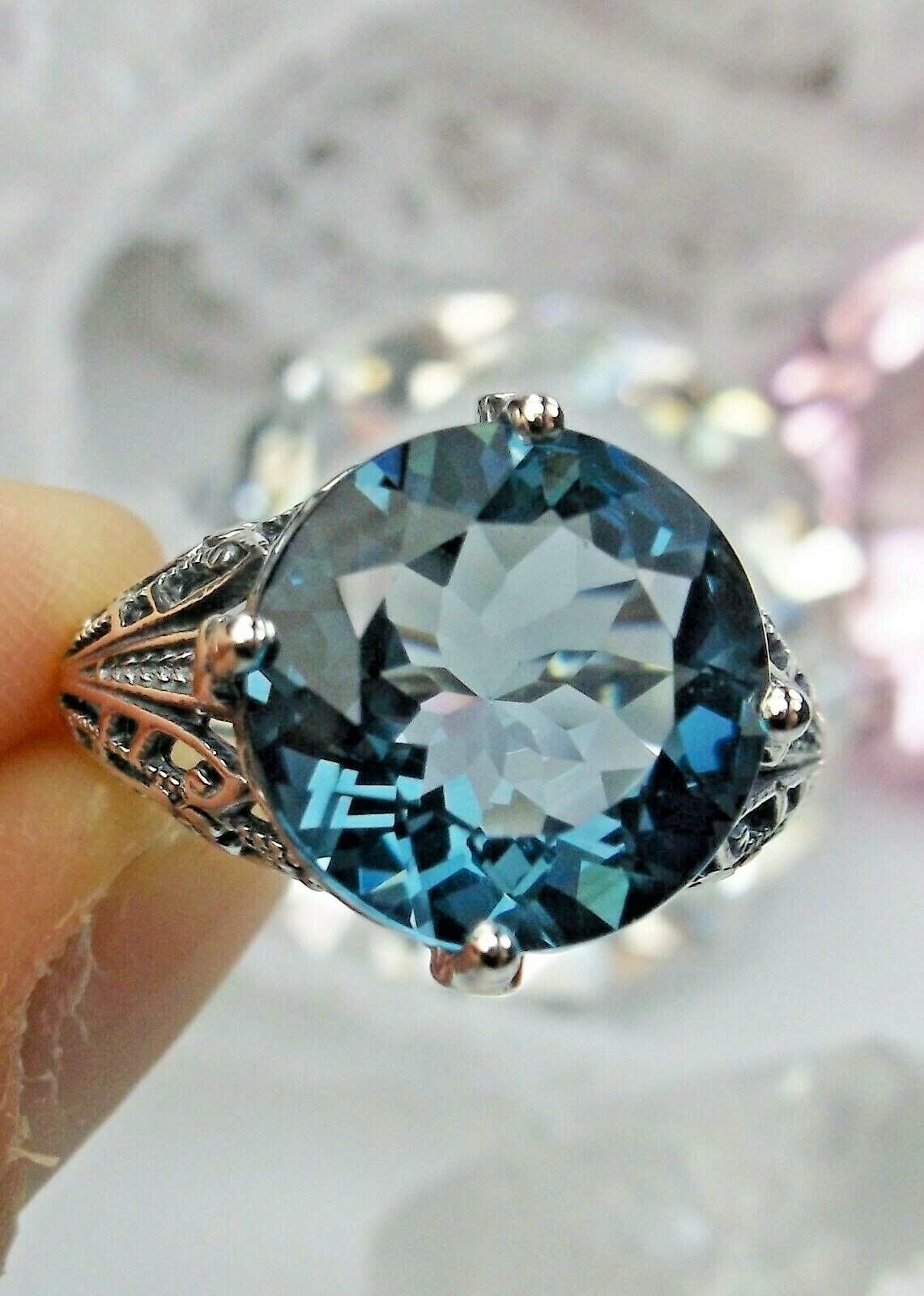 NATURAL London Blue Topaz Sterling Silver Filigree Ring Made To Order D#54
