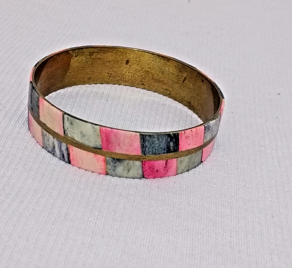 Vintage Brass Mosaic Inlay Bangle Bracelet Pink Gray Stone Boho Ethnic VTG