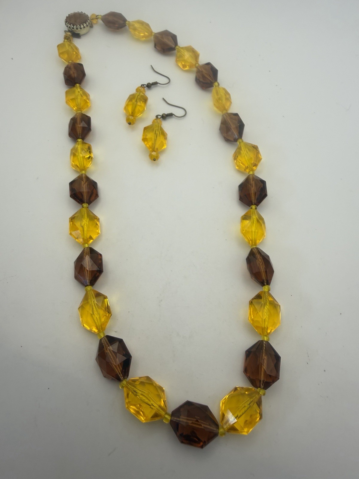 West Germany Necklace/Earrings Yellow Amber Acrylic Faceted Beads Vintage