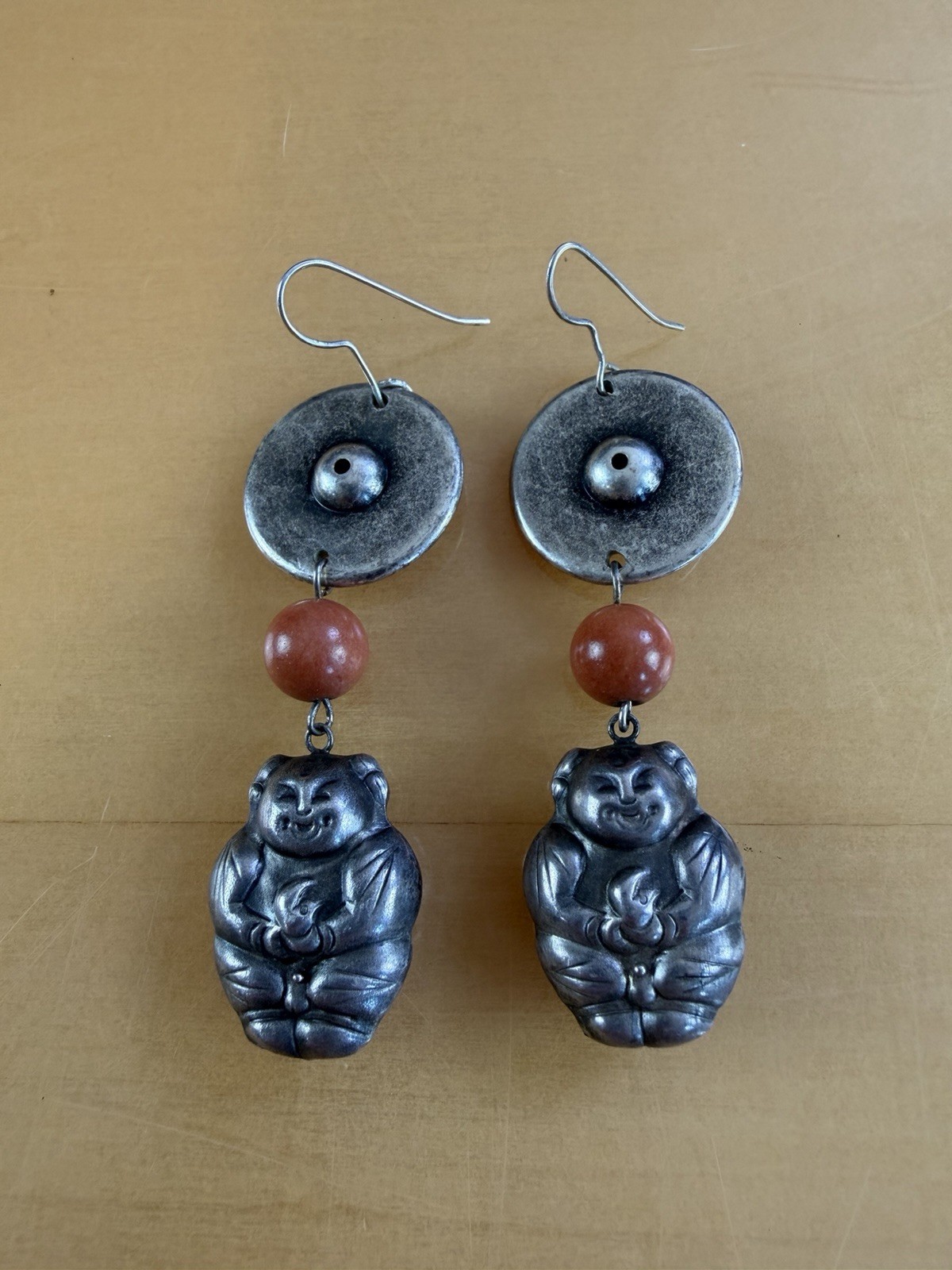 Antique Ching Qing Period Chinese Dangle Coral Happy Baby Sterling Earrings RARE