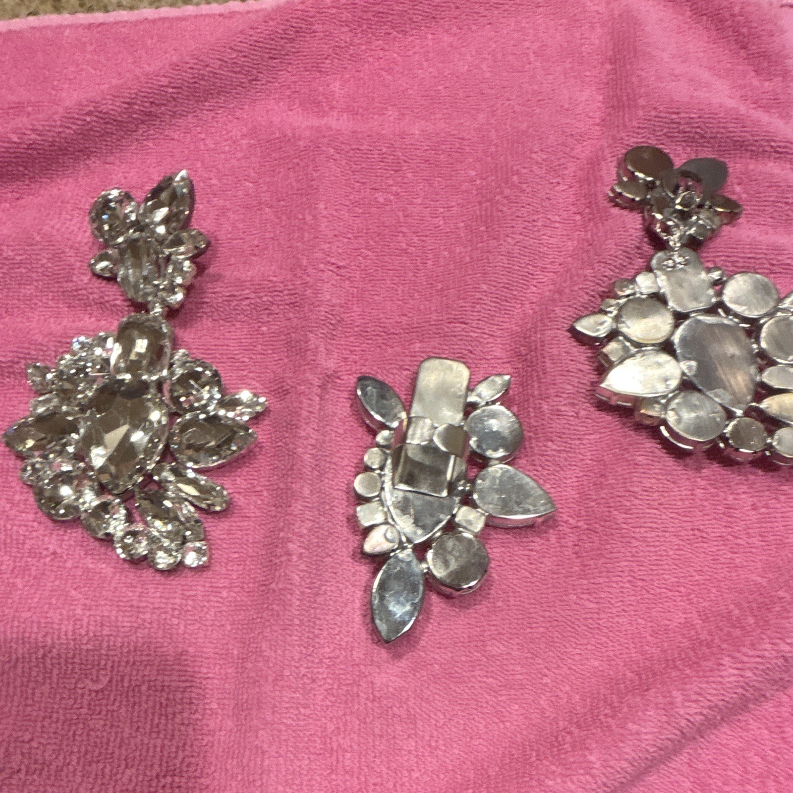 Silver Tone Clear Rhinestone Cluster Dangle Clip-On Earrings Set, 3-Piece