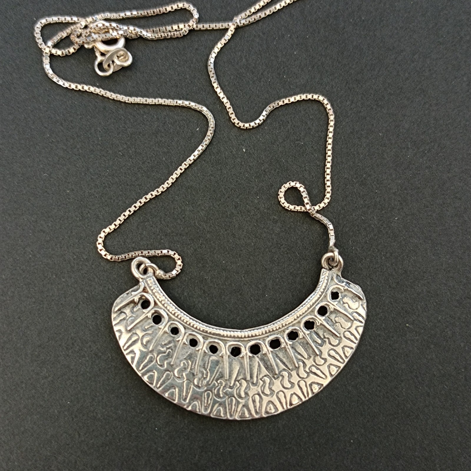 Vintage Sterling Silver Moon Crescent Necklace Ethnic Folk Inspired Engraved Bib