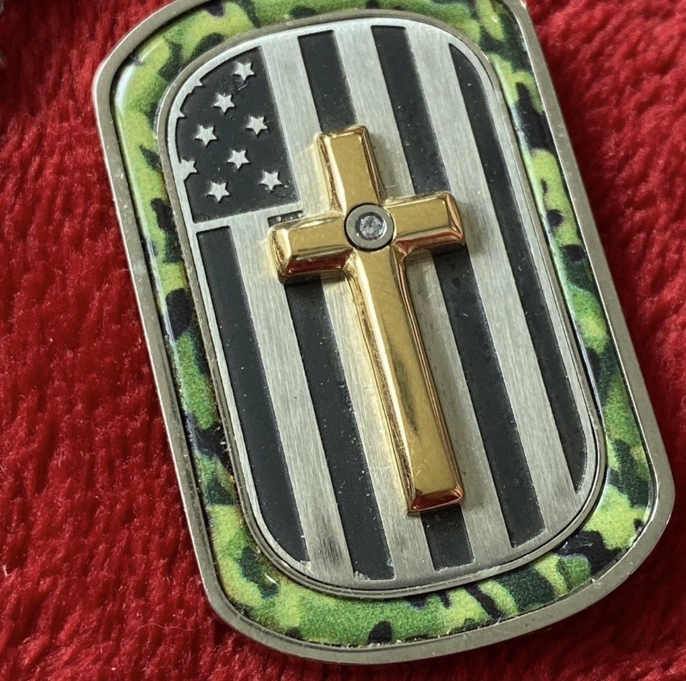 Vintage BGE Camo Gold Tone Cross Dog Tag Genuine Diamond
