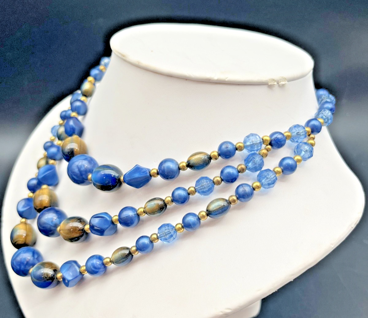 Vintage 3 Strand Cobalt Blue Lucite Bead Choker Bib Necklace (Japan/Hong Kong)