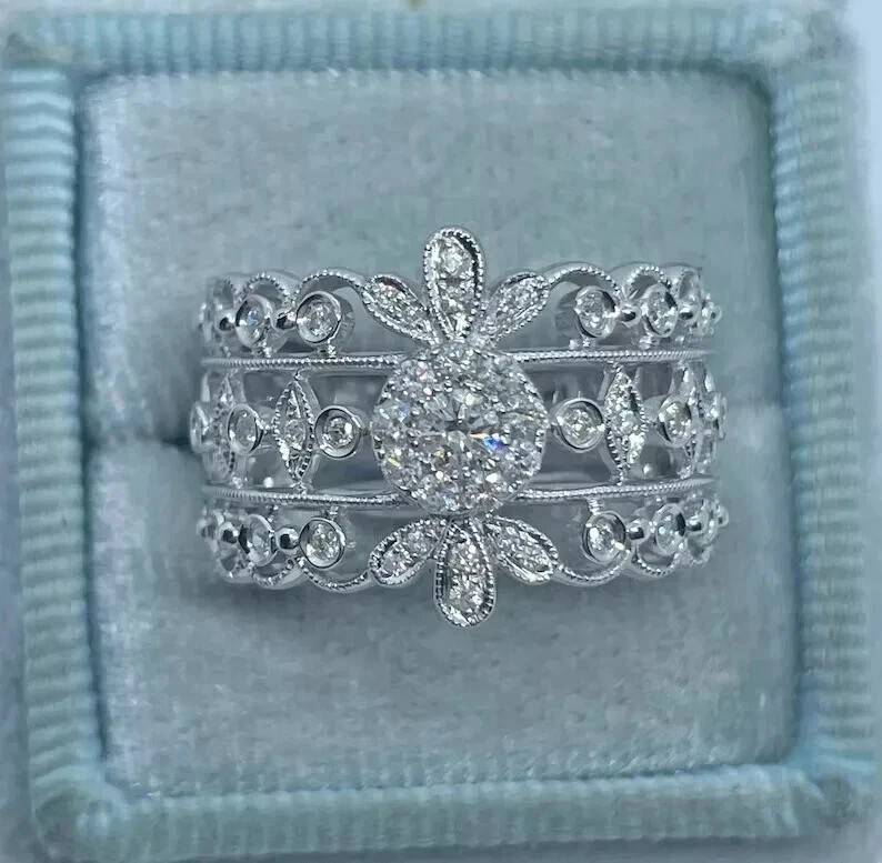 Art Deco Vintage Style Lab Created Diamond Engagement 14k White Gold Finish Ring