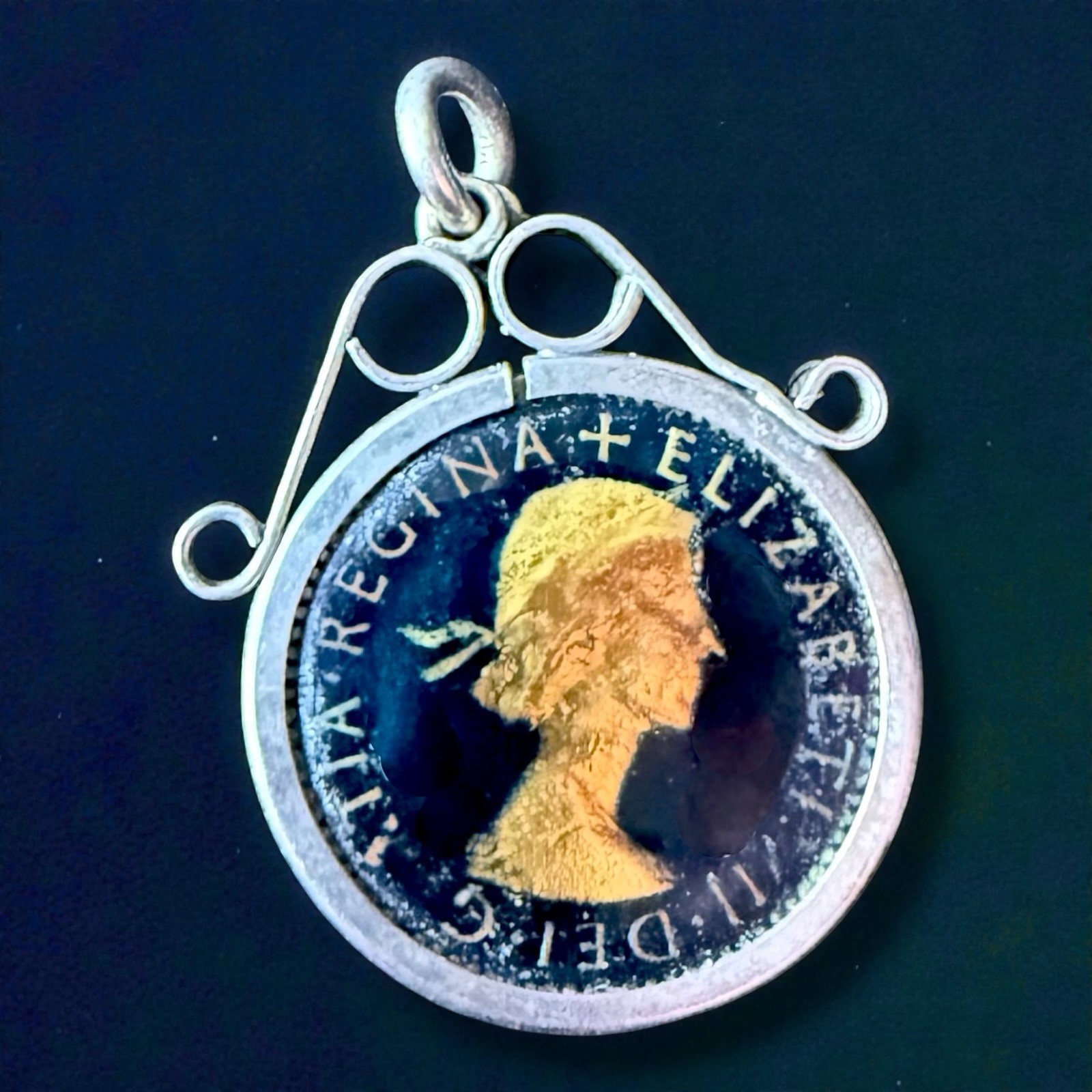 Lucky Sixpence Pendant British Coin Charm Queen Elizabeth II Vintage 1954