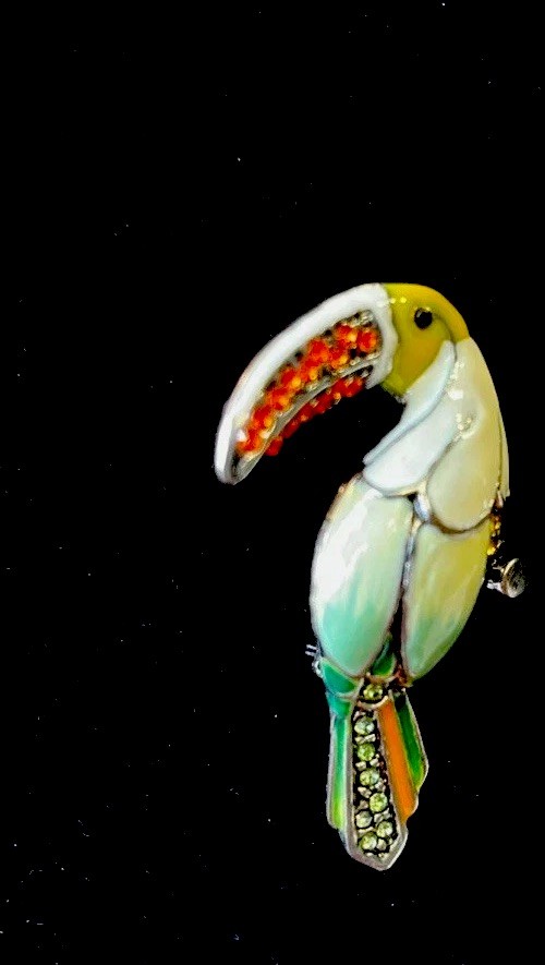 VTG Enamel Rhinestone Lucite Silver Metal Alloy Wire Rhinestone Bird Brooch 1950