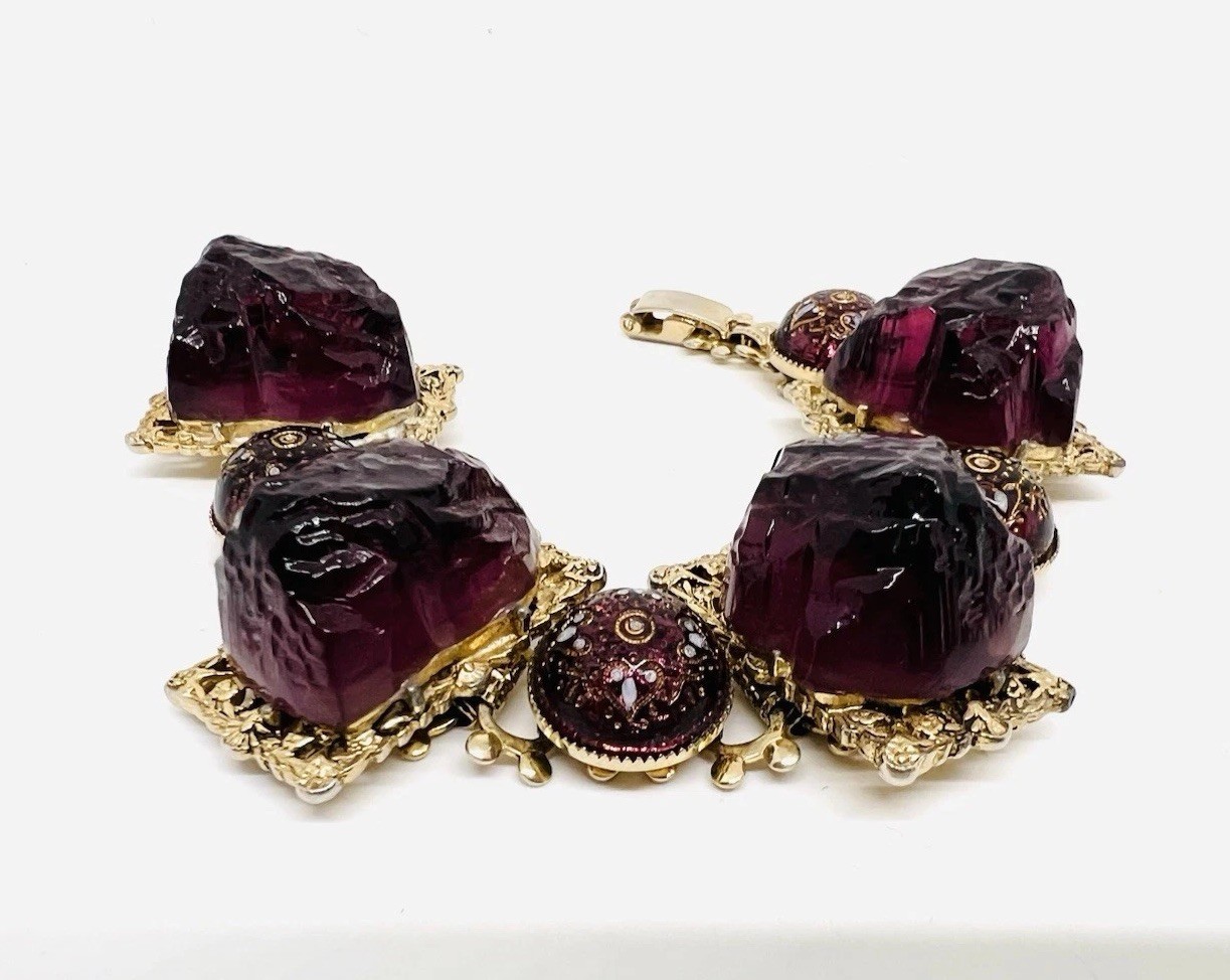 Chunky Purple Molded Glass & Lava Rock 3D Book Chain Bracelet Vintage Jewelry