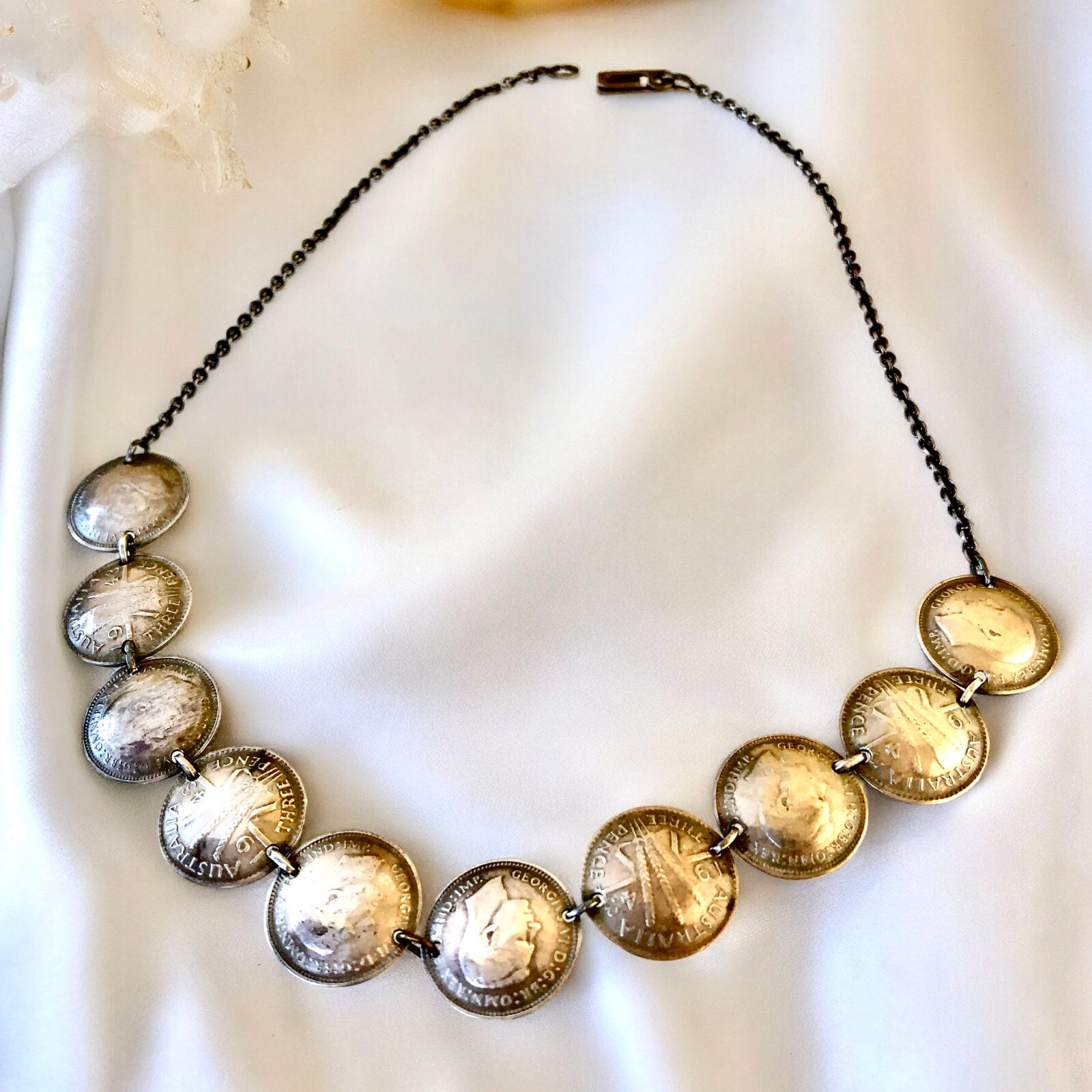 Silver Coins from Australia Necklace Three Pence 1943 Choker 15″