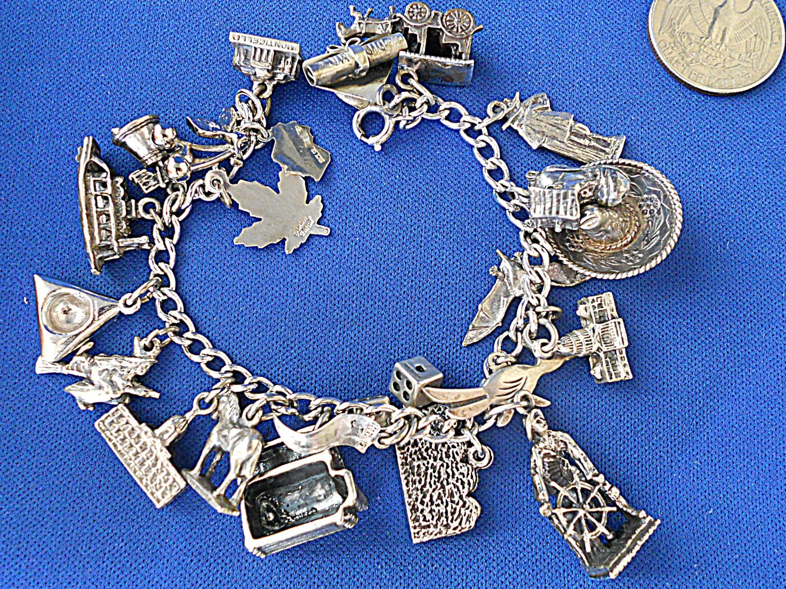 Vtg Sterling Silver 22 Charm Bracelet 67 Gs Travel Vegas Bat Witch Log Cabin etc