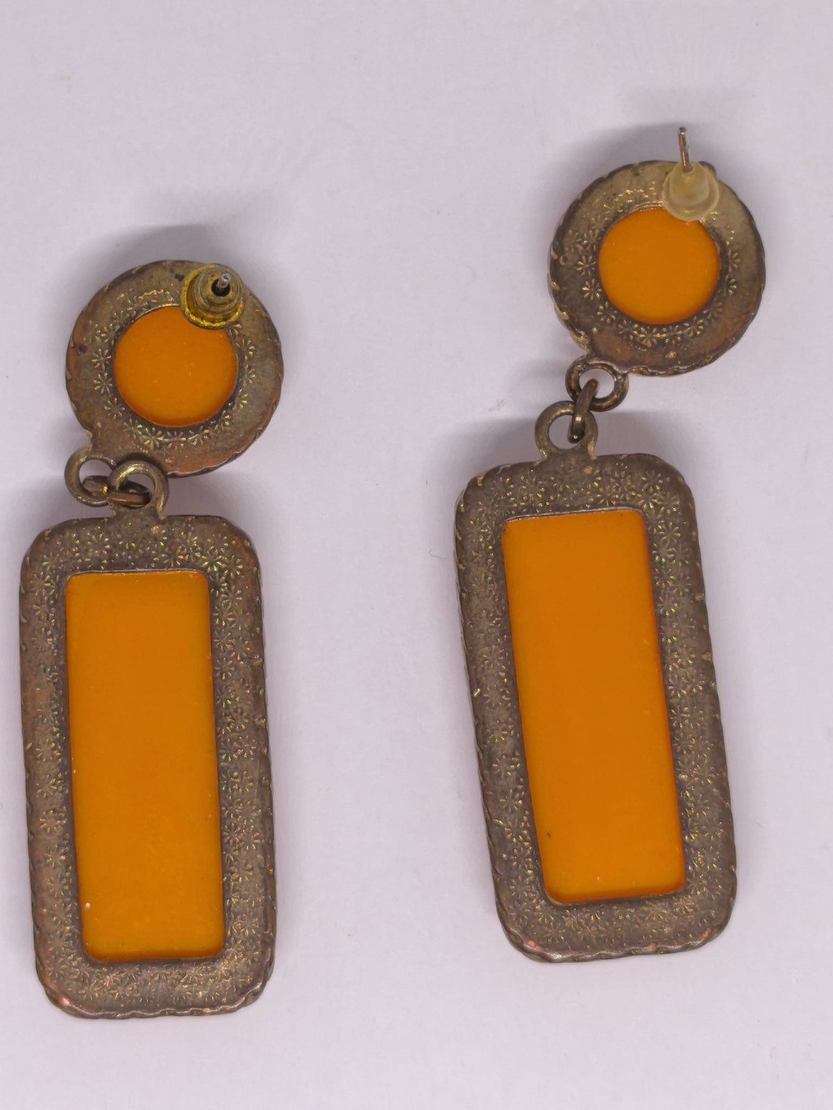 Vintage Art Deco Orange Lucite Dangle Earrings Gold Tone Geometric Statement