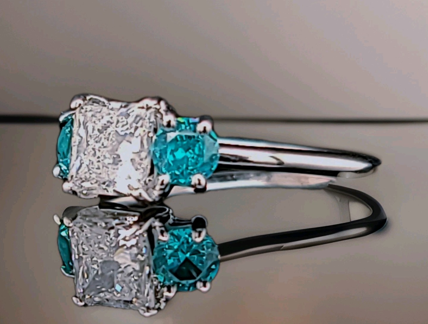 14K White Gold Engagement Three Stone Ring 1.02CT.Natural Princess Cut Diamond