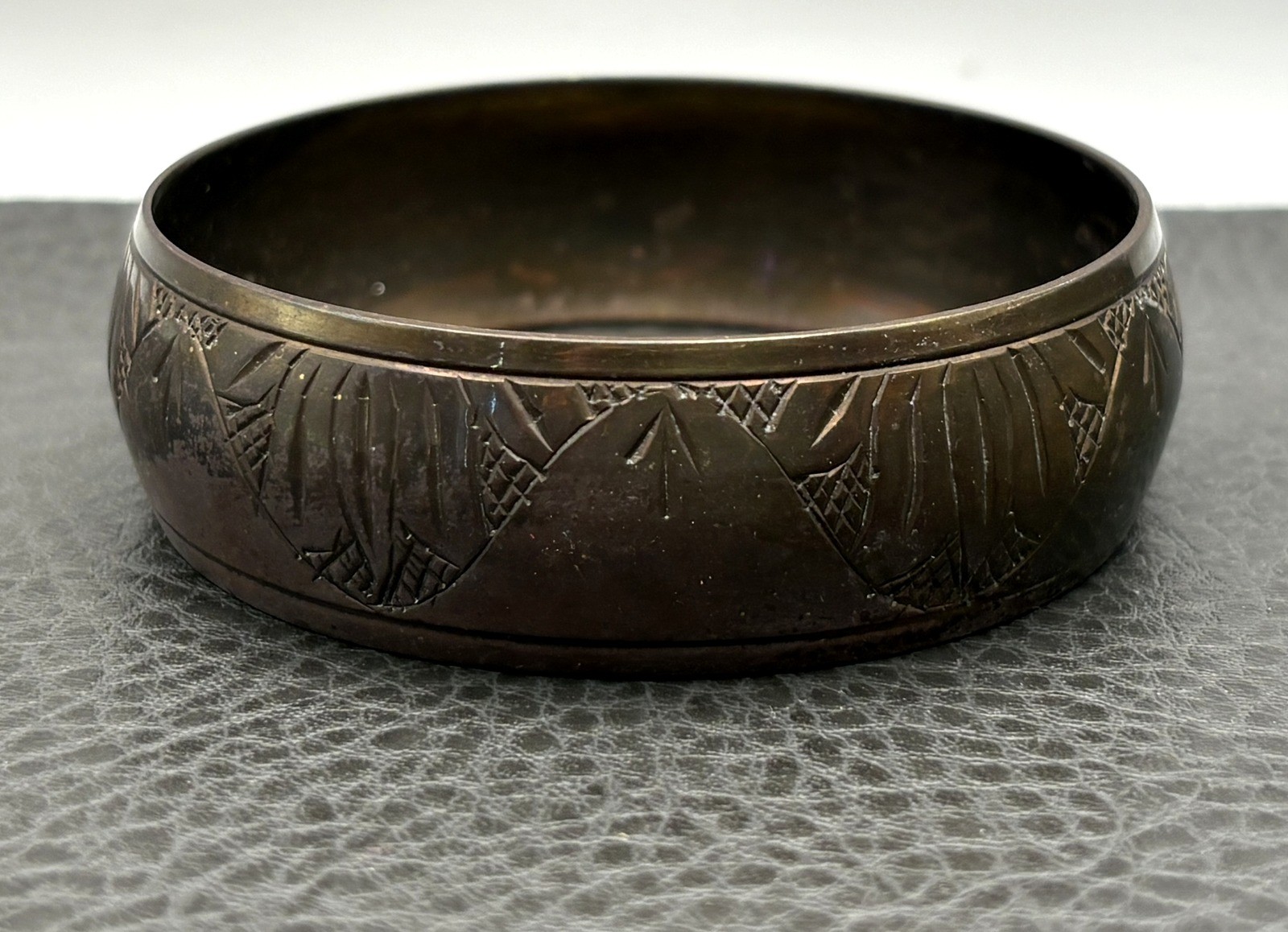 Vintage Brass Tone Plated Bangle Bracelet Wide Engraved Ethnic Boho Bohemian