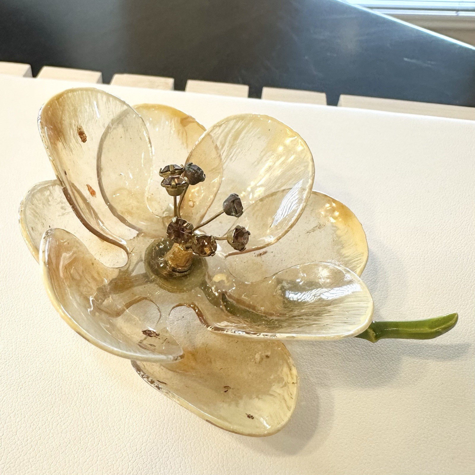Vintage Delicate Cellulose Acetate Rhinestone Flower Brooch