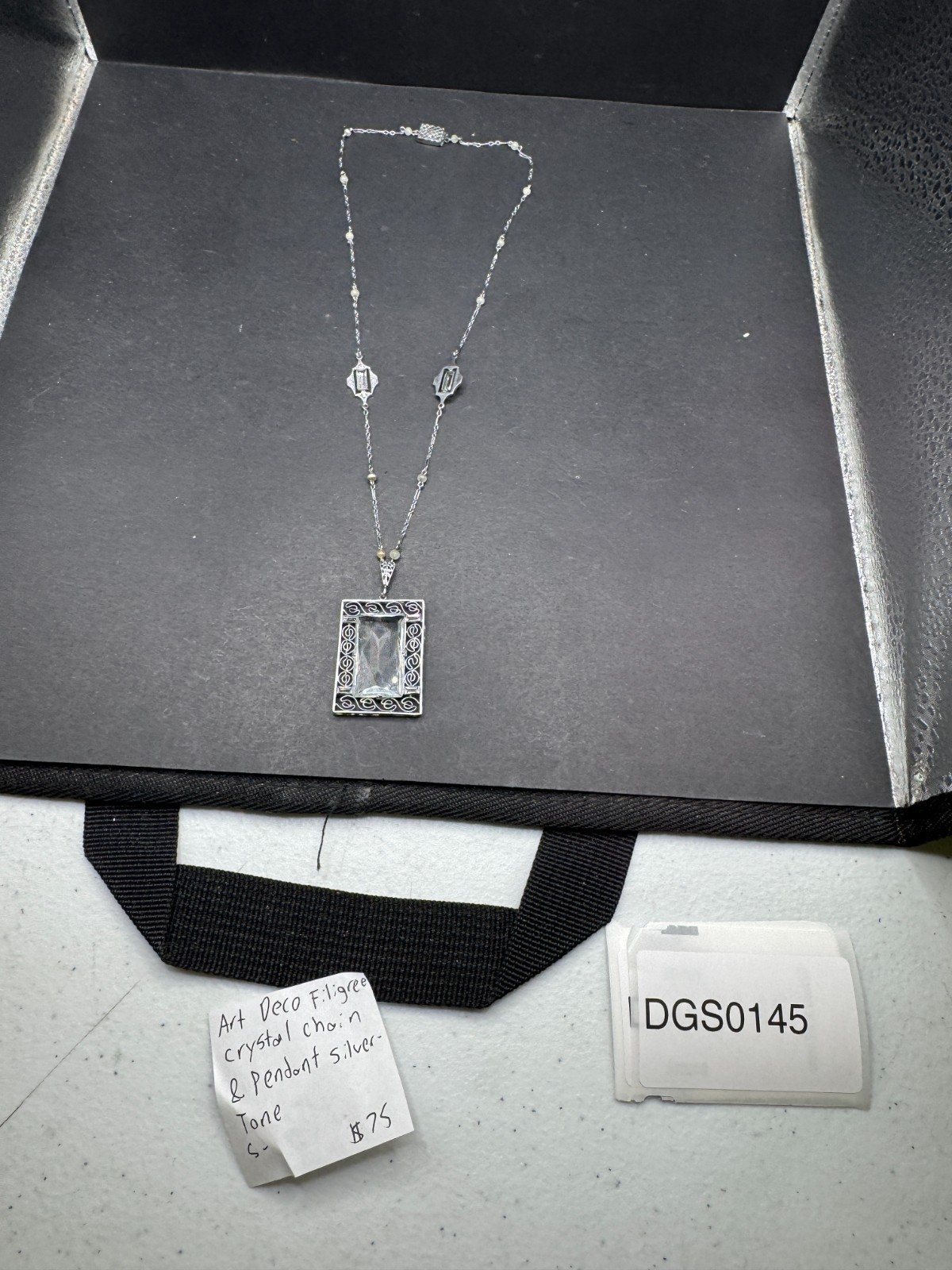 Art Deco Filigree Crystal Chain & Pendant Silver Tone