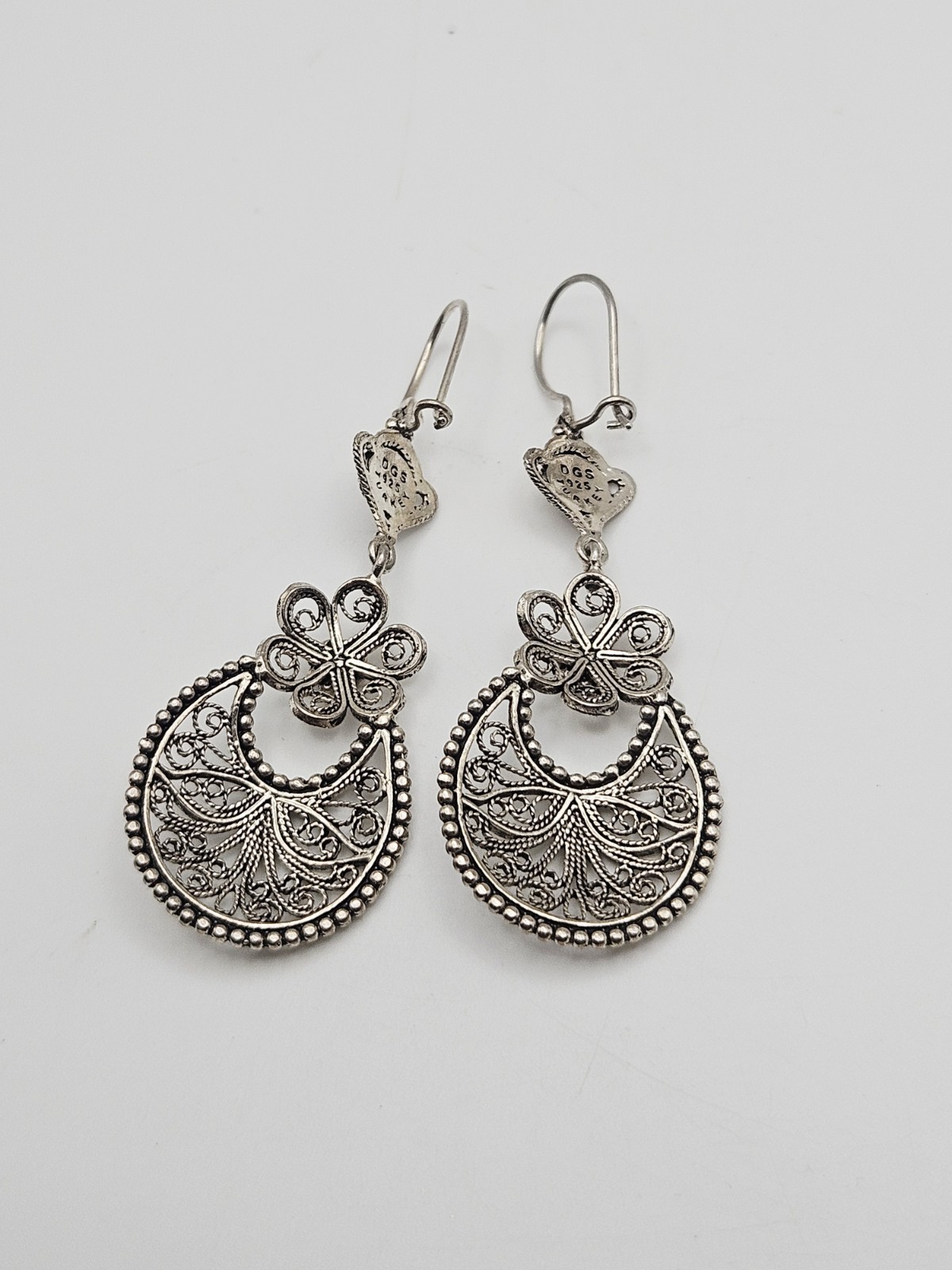 DGS Turkey Sterling Silver Filigree Floral Dangle Earrings 2.60″