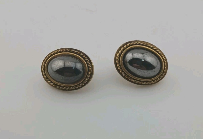Vintage YSL Yves Saint Laurent Oval Hematite Glass Rope Stud Earrings Stamped