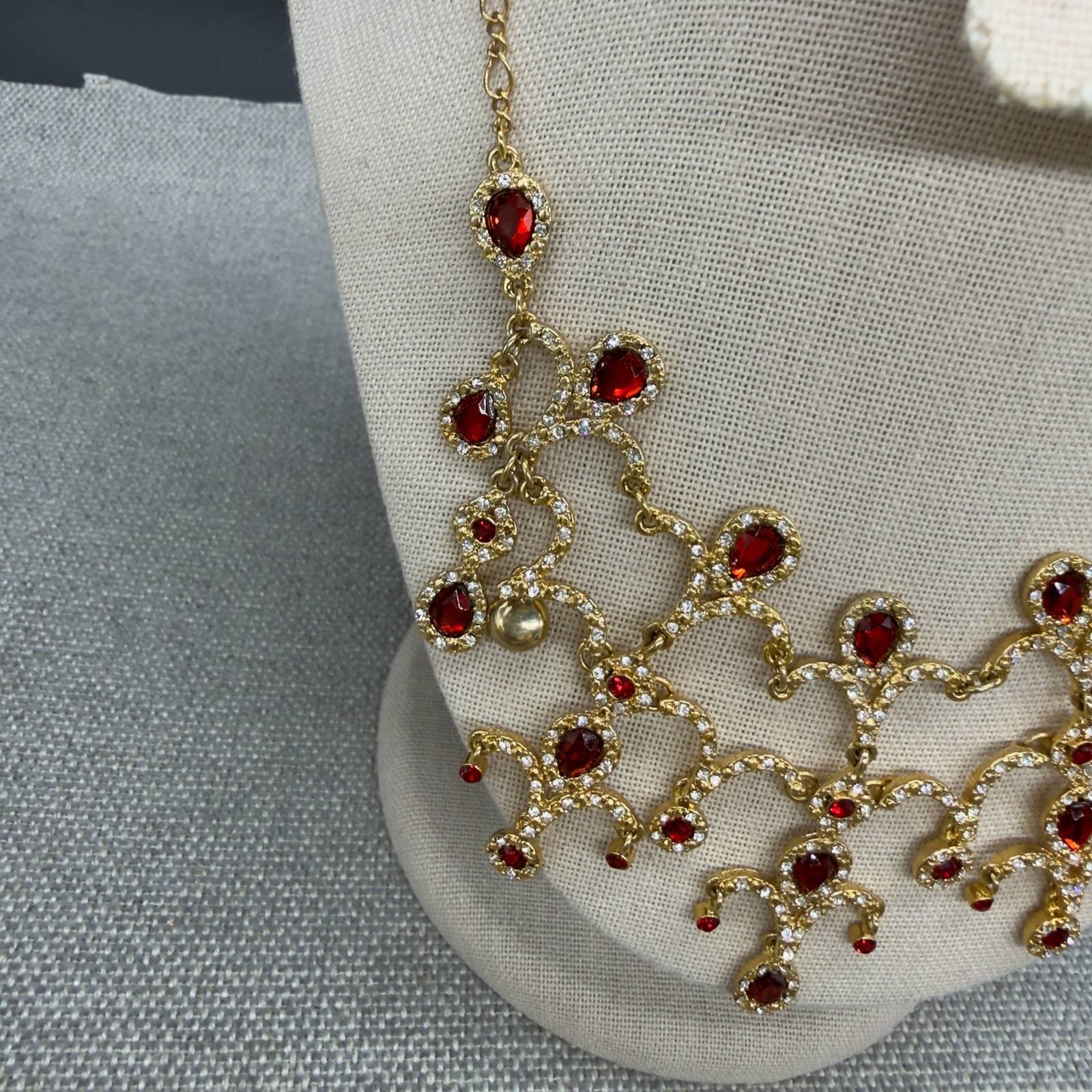 Vintage Bib Necklace Red Clear Rhinestones Gold Tone Dangles 17 Inch Adjustable