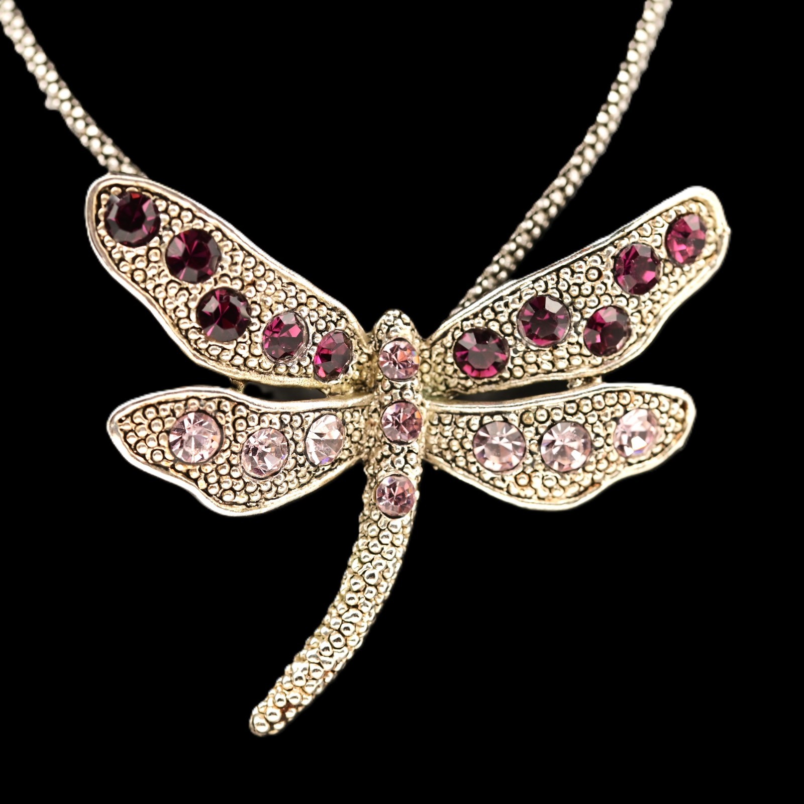 Vintage Original Sterling Silver Pink Gemstone Dragonfly Pendant Estate Necklace