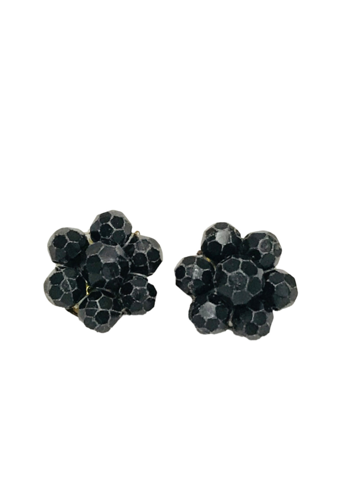 Vintage Hong Kong Japan Black Lucite Bead Cluster Clip On Earrings Black White