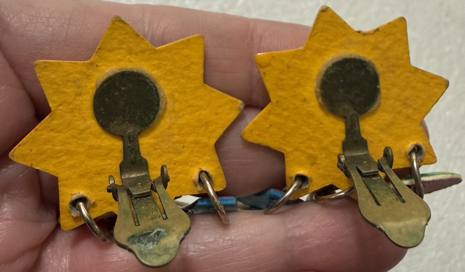 HUGE 1980s Wearable Folk Art Signed Mari SUN BEACH FUN Mixed Media Clip Earrings