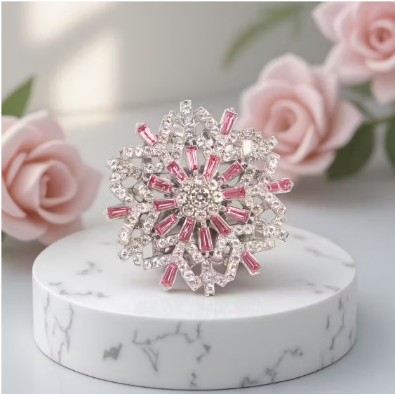 BROOCH- Beautiful Pink and Clear Rhinestone Snowflake, Silvery Metal Tone