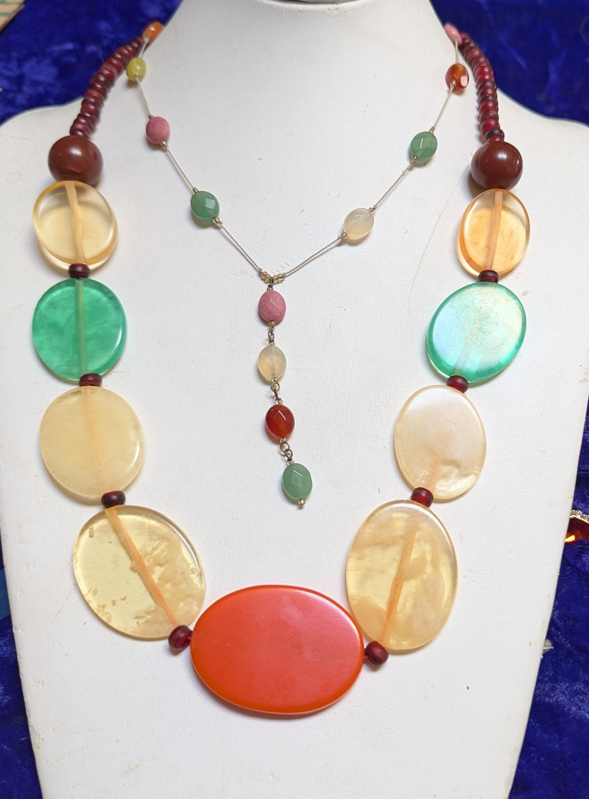Sterling Silver With Small Faceted Stones And A Vtg Acrylic Oval Beads Necklace