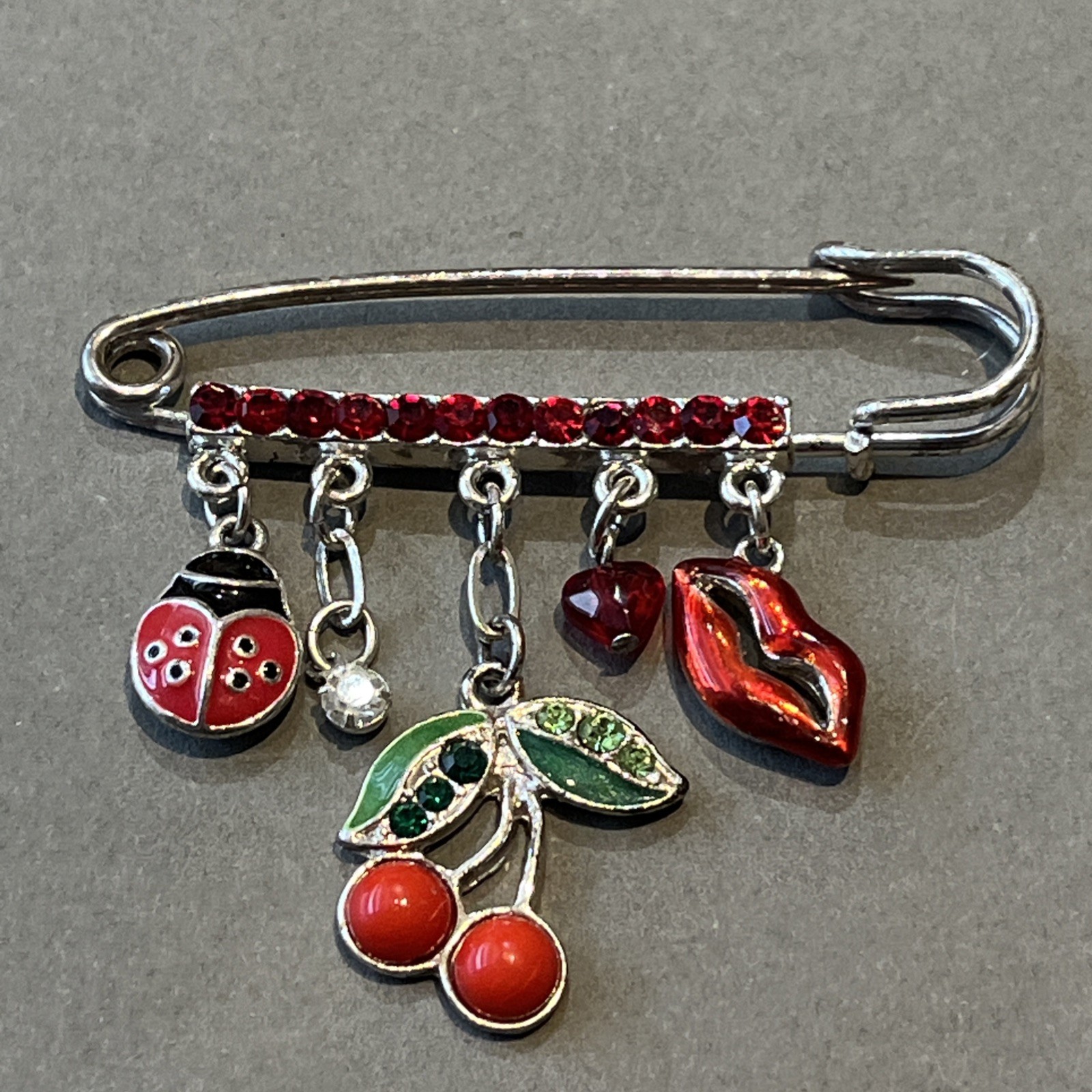Vtg Lucky Charm Safety Pin Brooch Lips Heart Cherries Ladybug Nature Love & Luck
