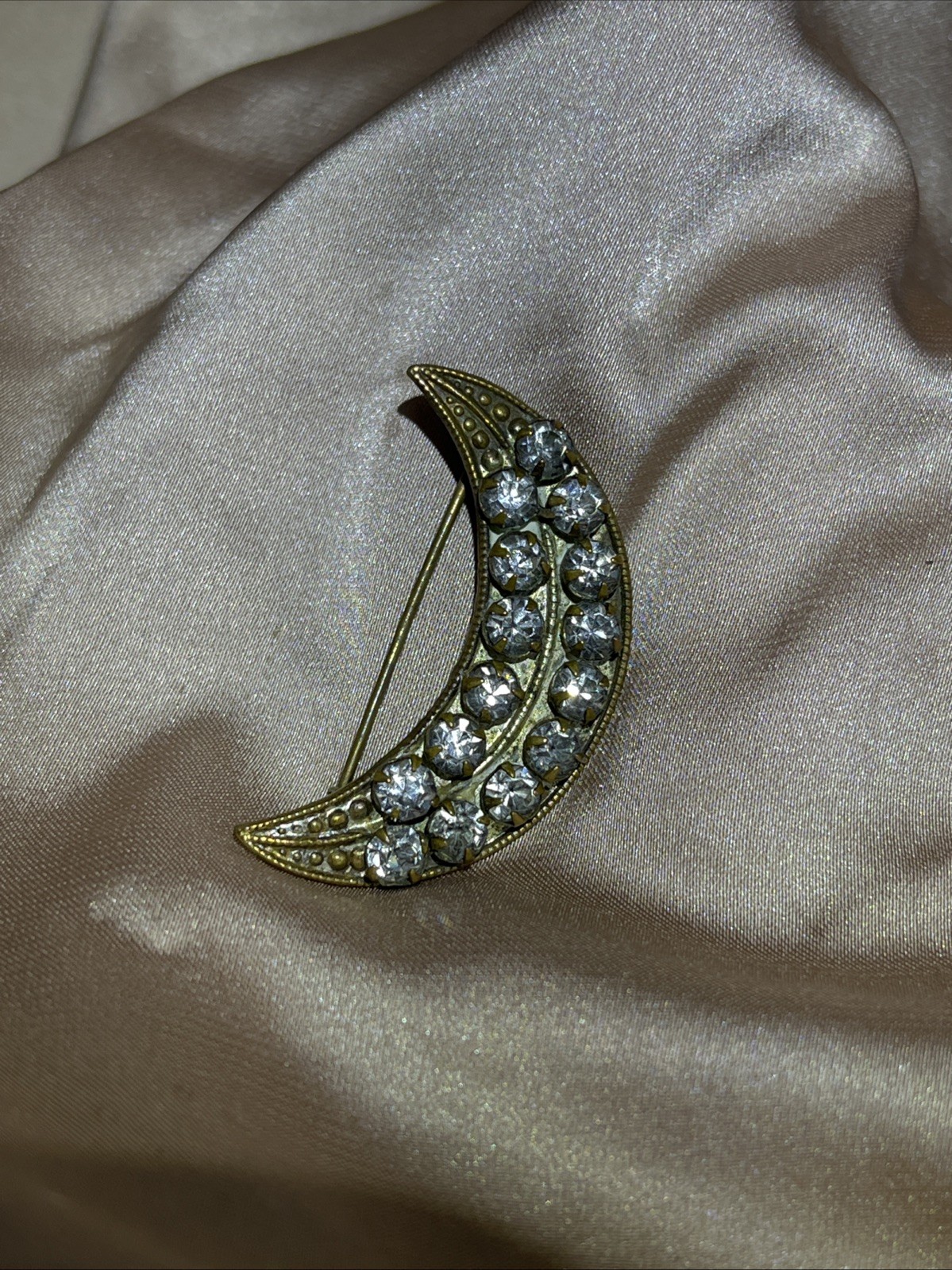 Unusual Antique Victorian Crescent Moon Brooch Prong Set Rhinestones Pin 1880s