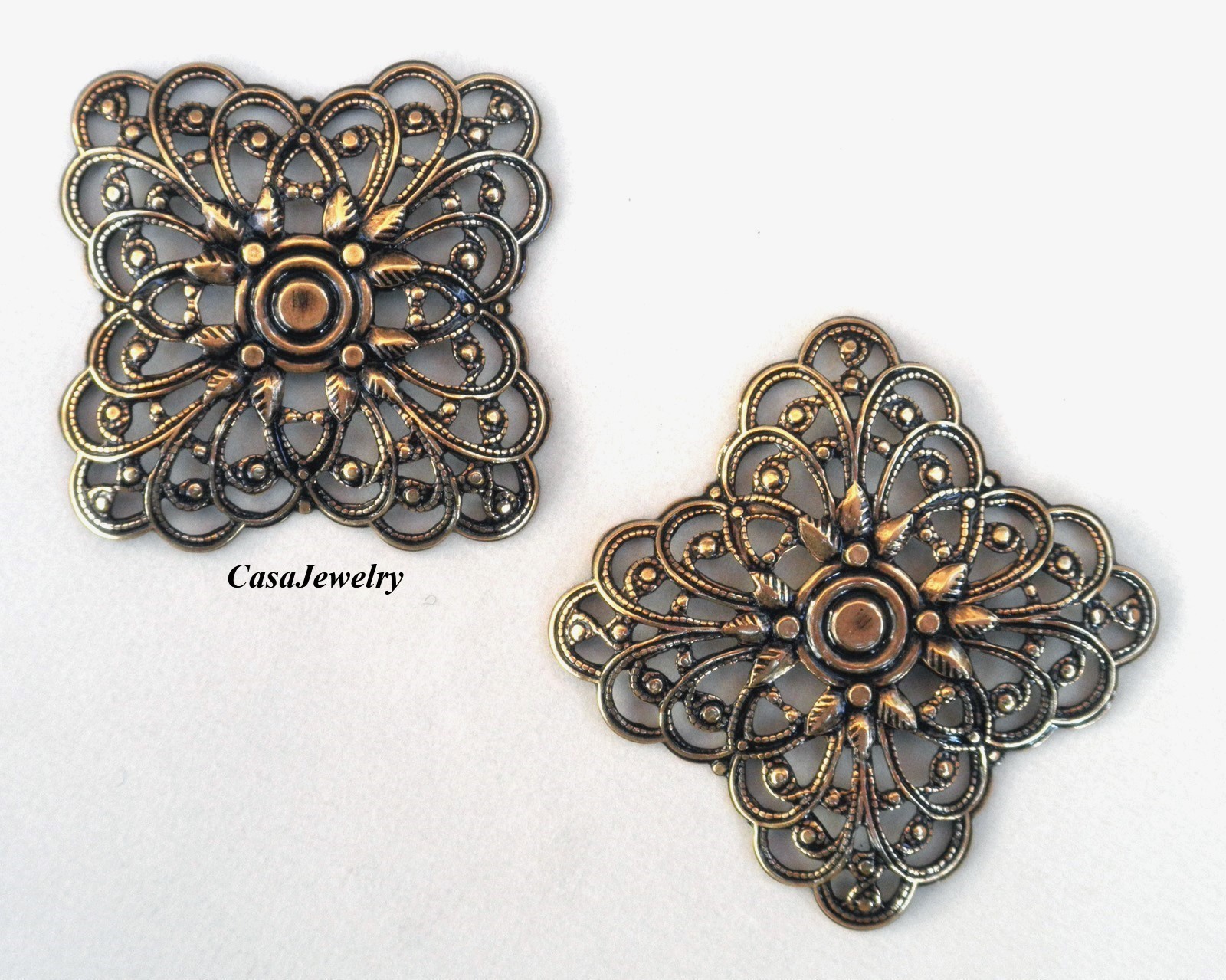 #2181 ANTIQUED GOLD DAPPED SQUARE OPEN FILIGREE – 2 Pcs