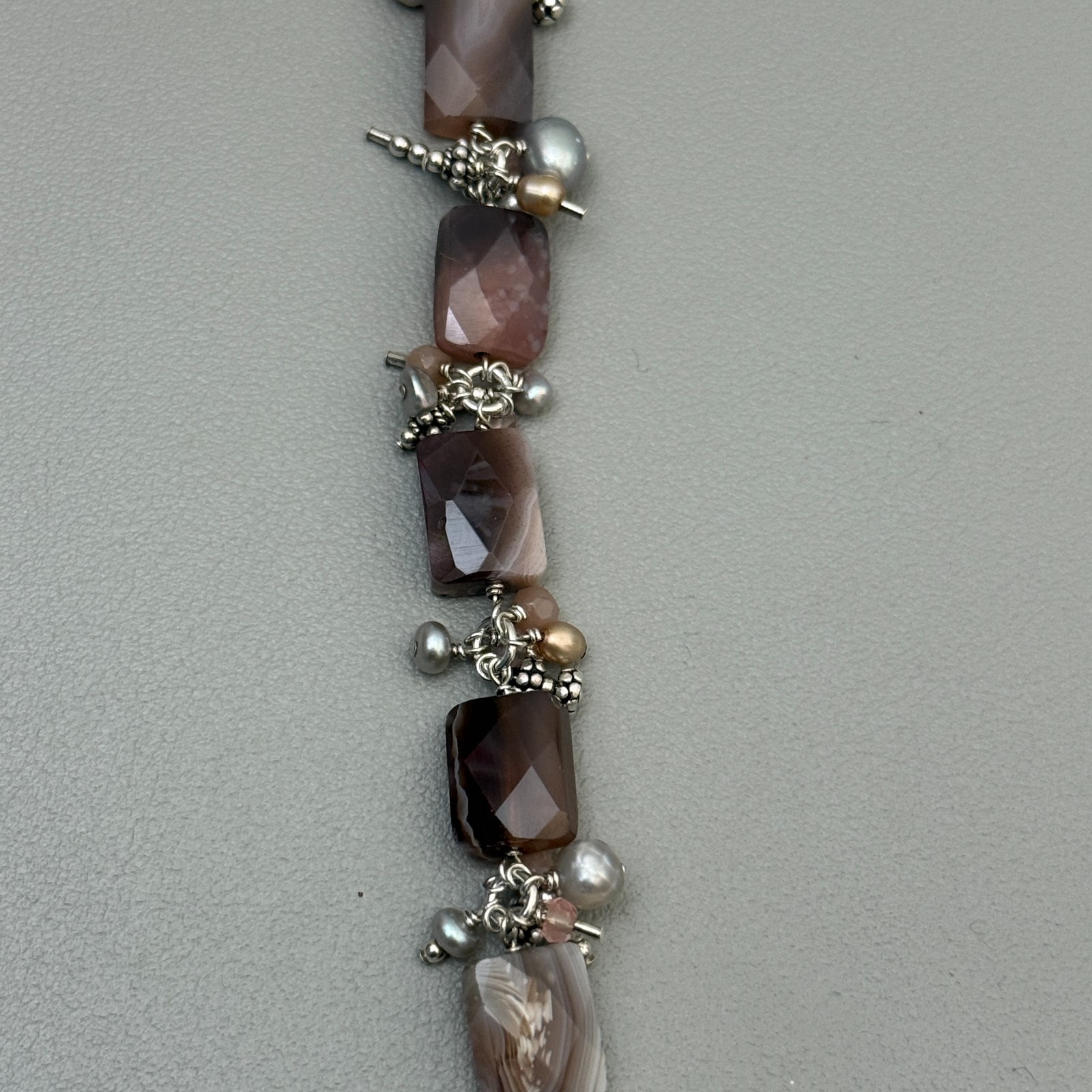 Artisan 925 Sterling Silver Banded Agate Pearl Bracelet Toggle Clasp 7″ Vintage
