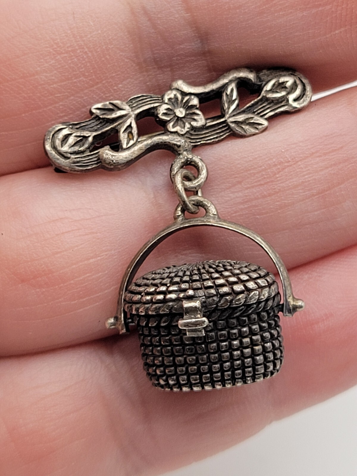 Brown County Basket Sterling Silver Dangle Basket Locket Charm Brooch Pin Signed