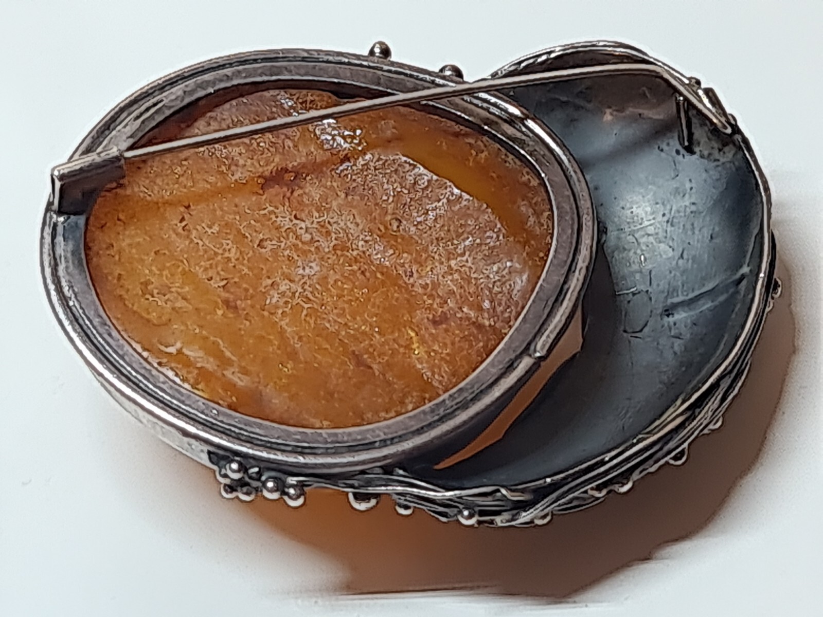 Silver brooch 900 try .with natural amber. Brooch Peacock Tail . made to order .