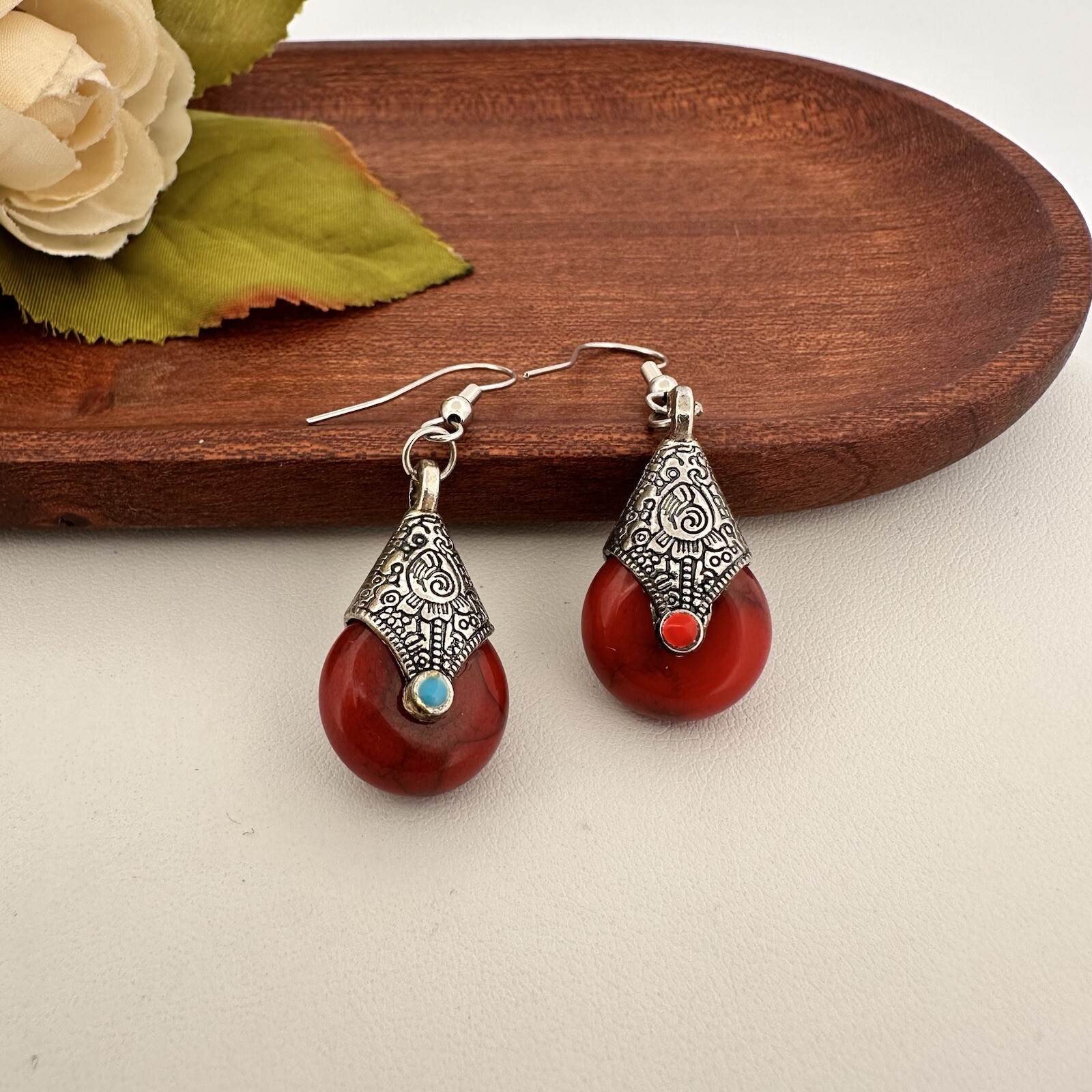 VINTAGE ~ SILVER TIBETAN RED BEAD EARRINGS ~ TURQUOISE BOHO ETHNIC PIERCED HOOKS