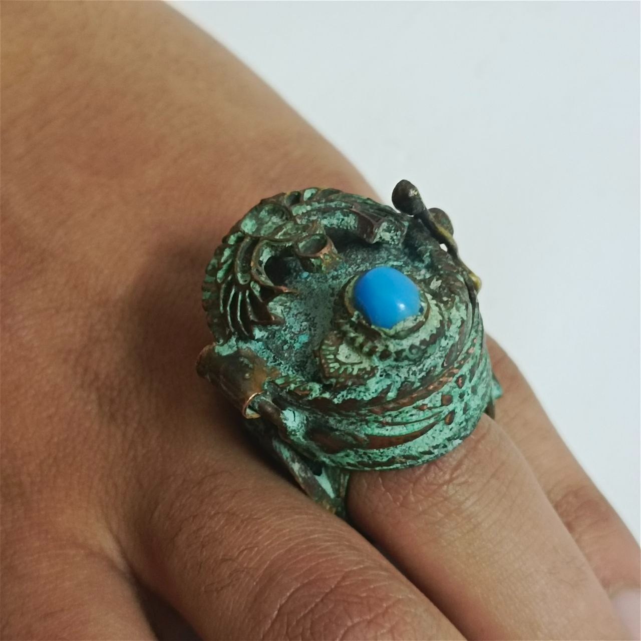 Rare Handmade Egyptian Falcon Copper Ring Turquoise Stone Antique Style Jewelry