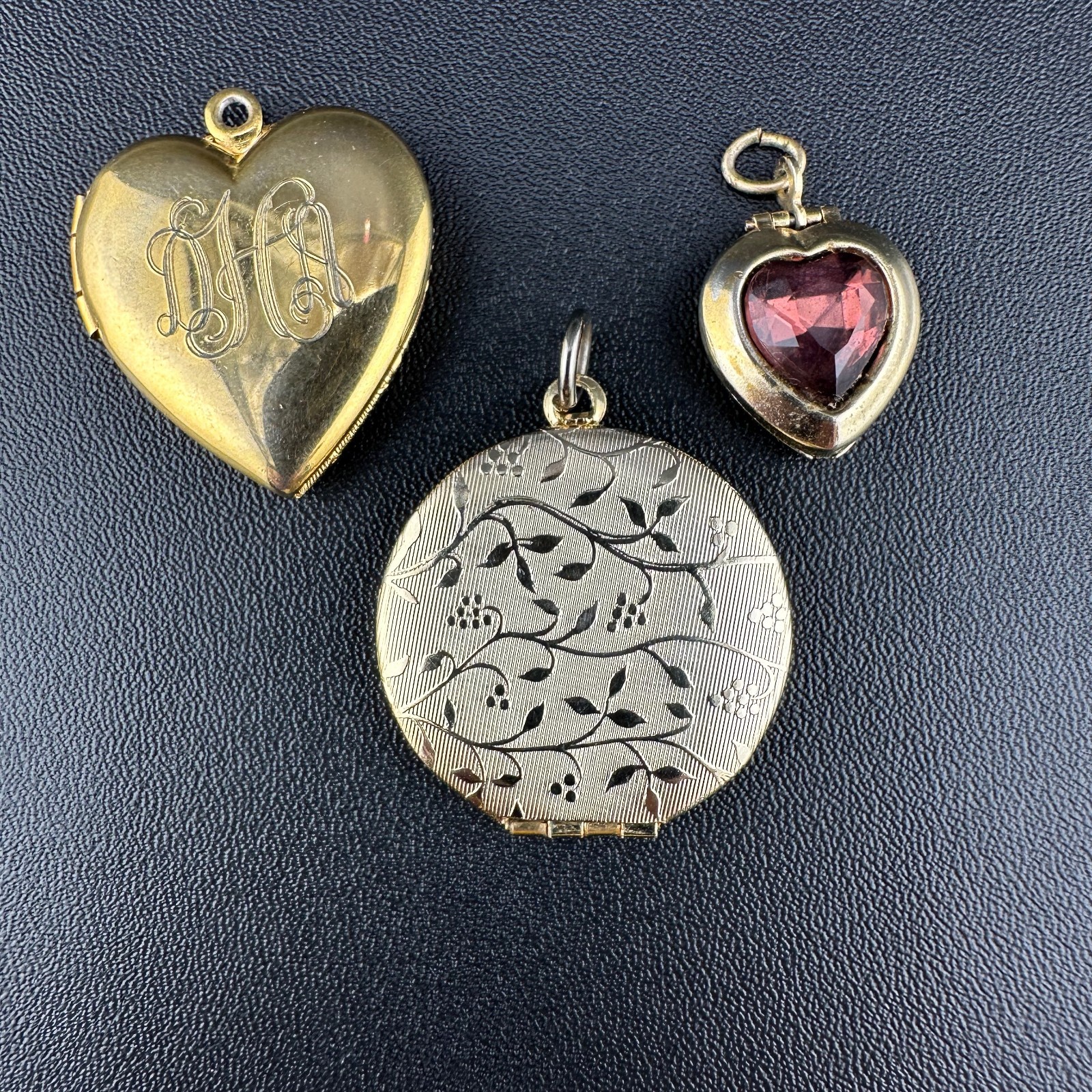 Vintage Locket Pendant Lot Gold Tone Etched Monogram Heart Floral Rhinestone