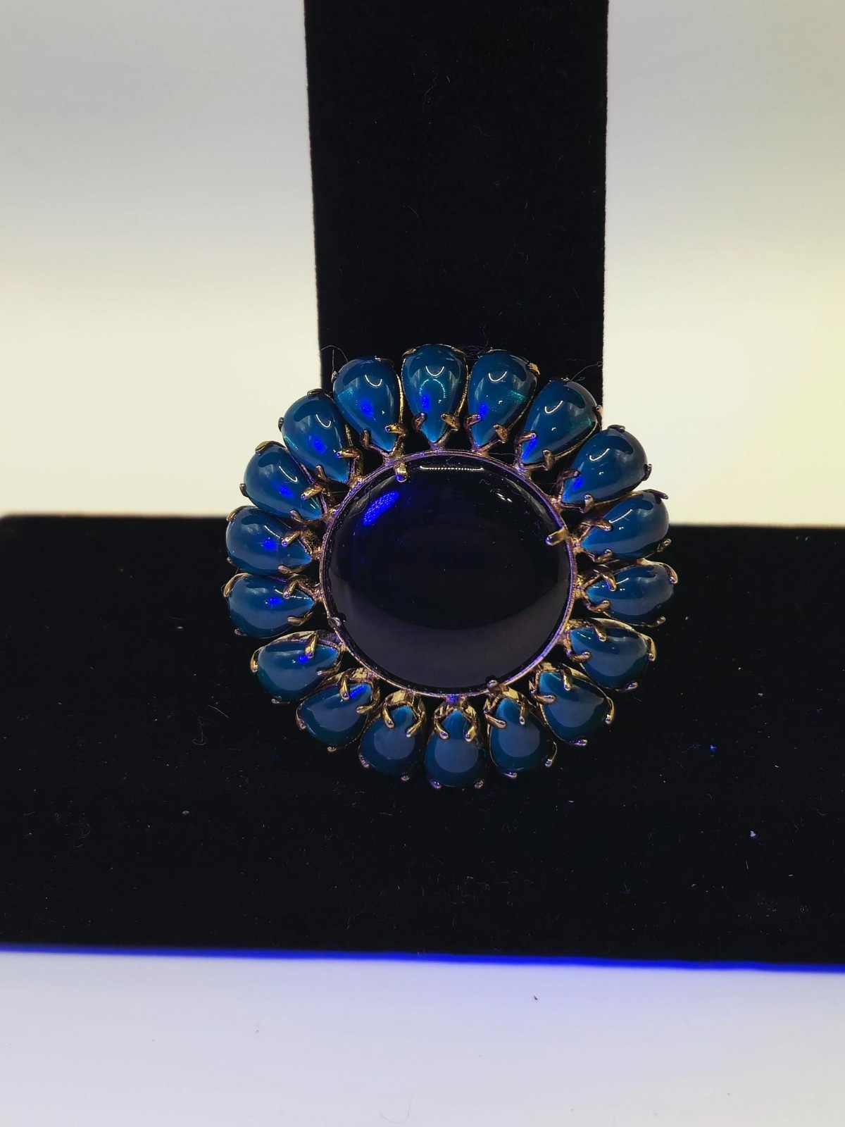 VTG Louis Rousselet French Art Glass Brooch Dark Cobalt Blue Cabochon Pin France
