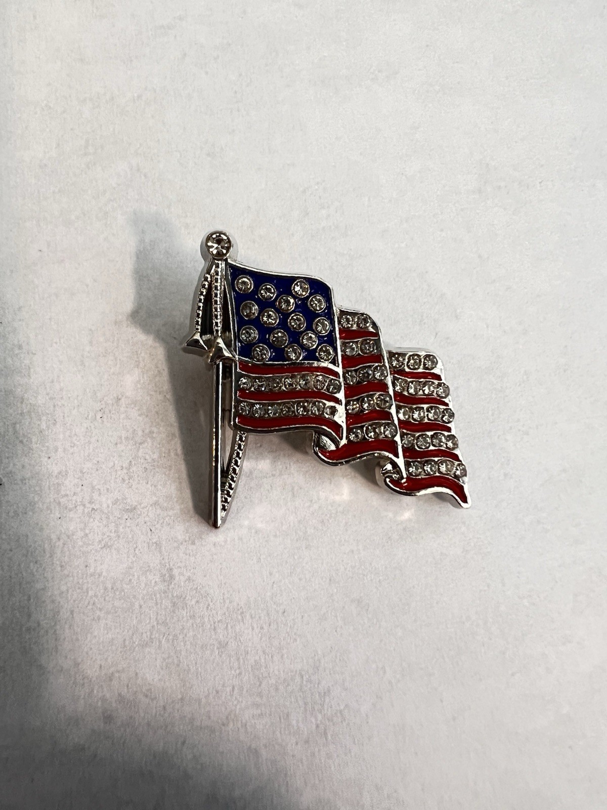 Rhinestone American Flag Brooch Pin Patriotic USA Red White Blue Silver Tone