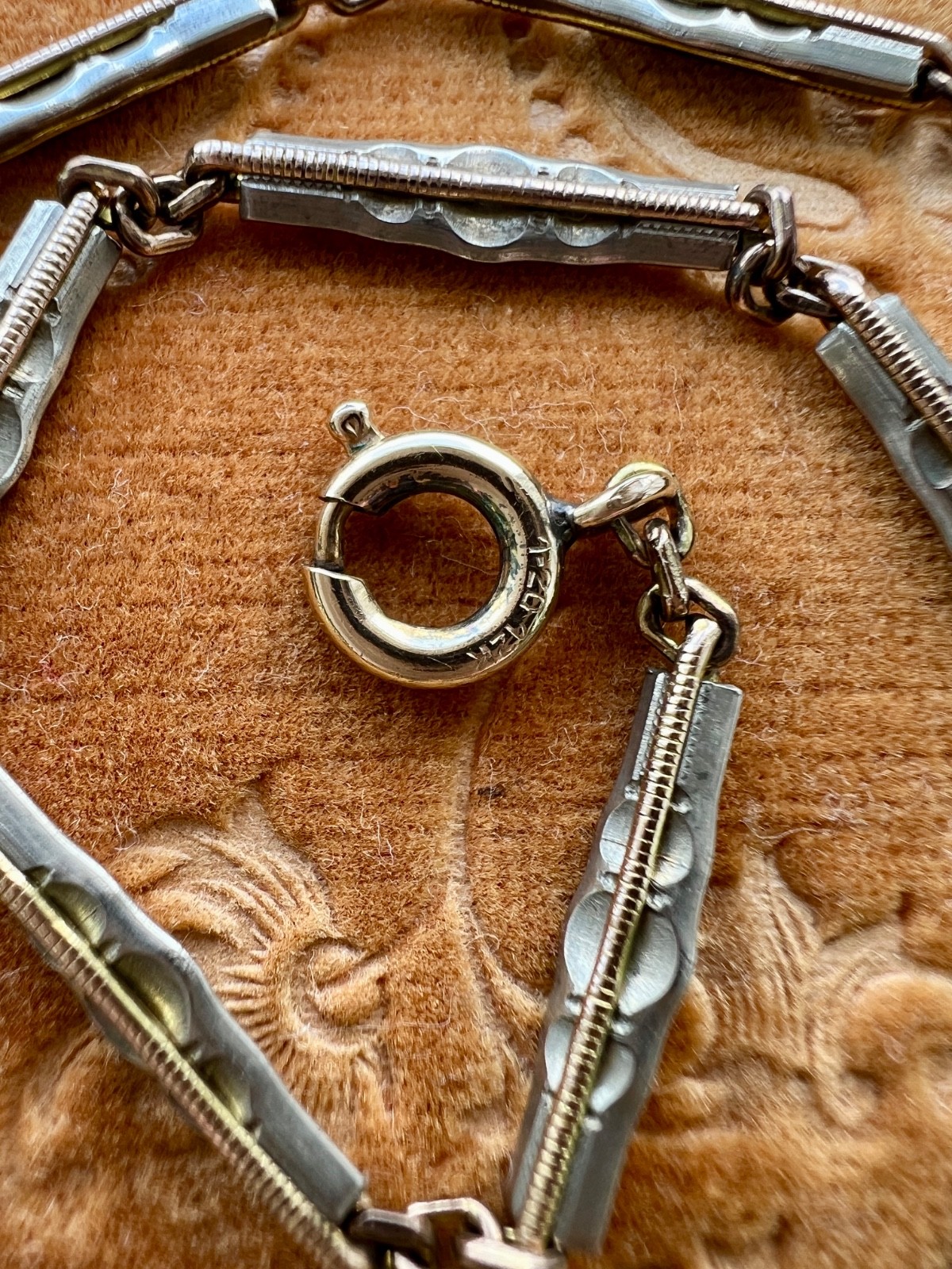 Art Deco 12K Gold Filled Two Tone Bar Link Watch Chain 14″ Swivel Dog Clip