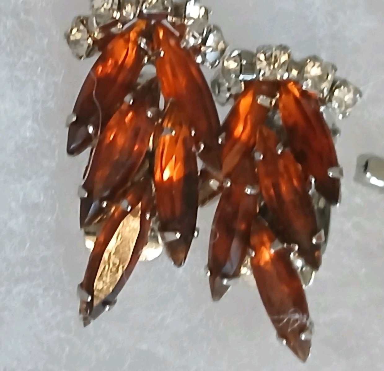 Vintage Orange & Amber Rhinestone Spray Brooch & Chip-on Earrings