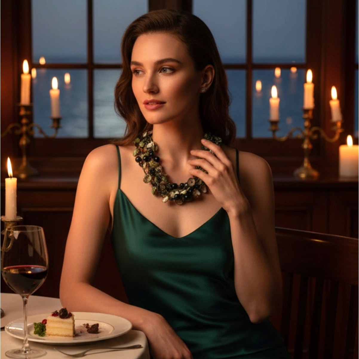 Vintage Green Shell Multi-Strand Statement Necklace – Midnight Tide