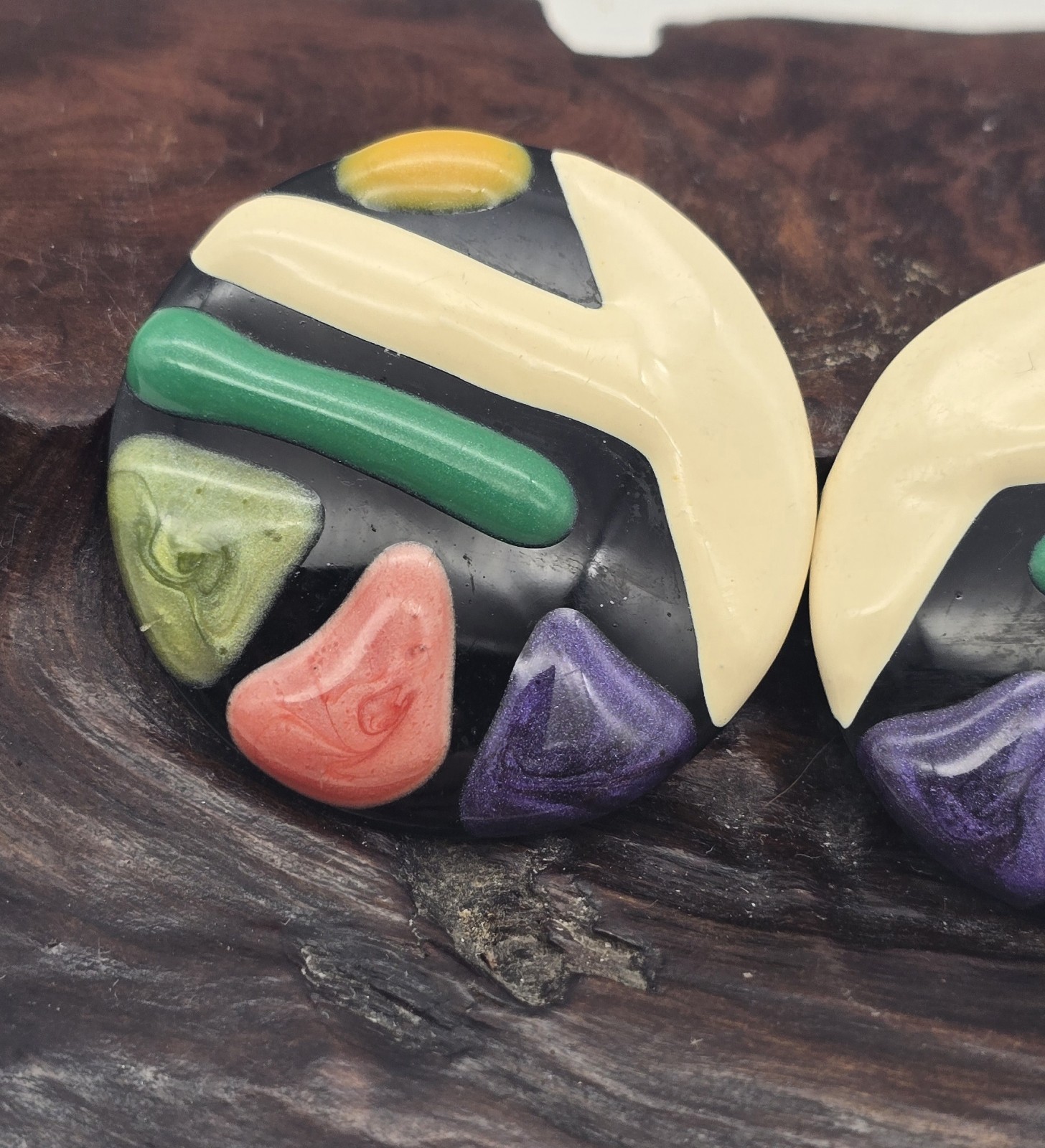 Authentic 1980’s Enameled Abstract Multi Color Large Round Pierced Earrings