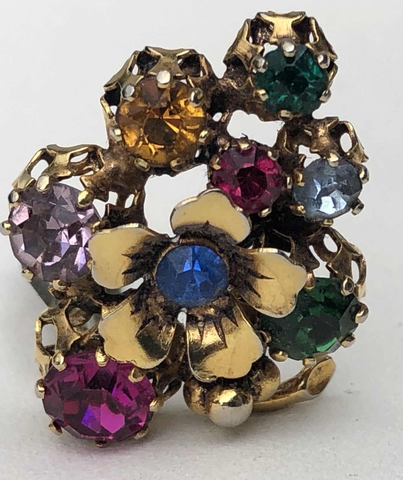 Vintage Austria Multi Color Rhinestones Flower Brooch & Clip Earrings Set