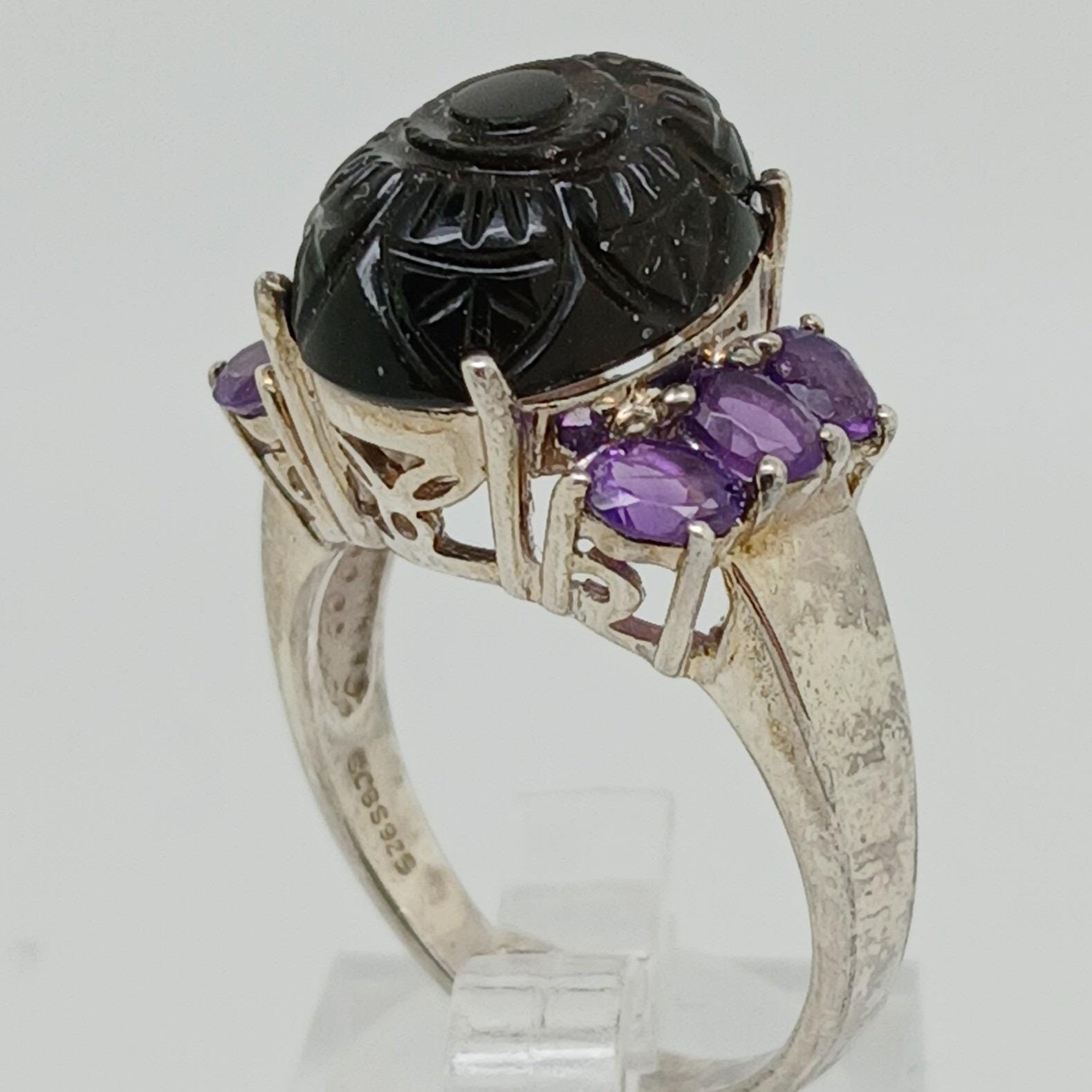 Vintage 1990s Thailand CBS 925 Sterling Silver Carved Onyx Amethyst Ring Size 8