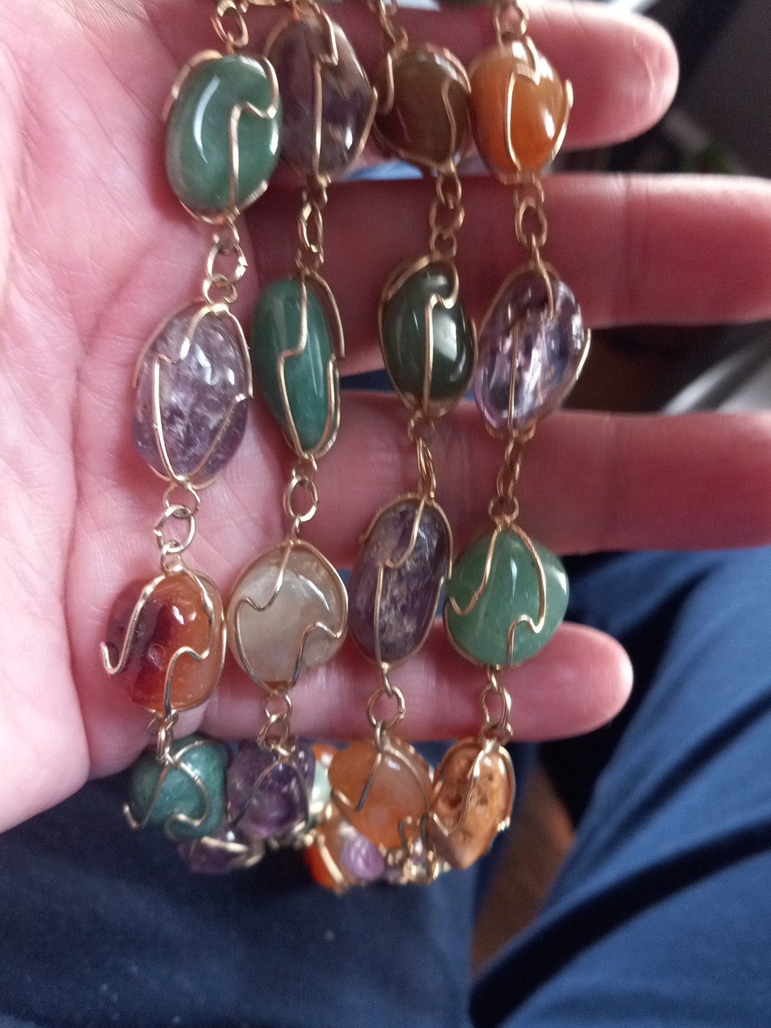 Vintage Amethyst, Jade Agate, Carnelian Goldgilt Wire Long Necklace