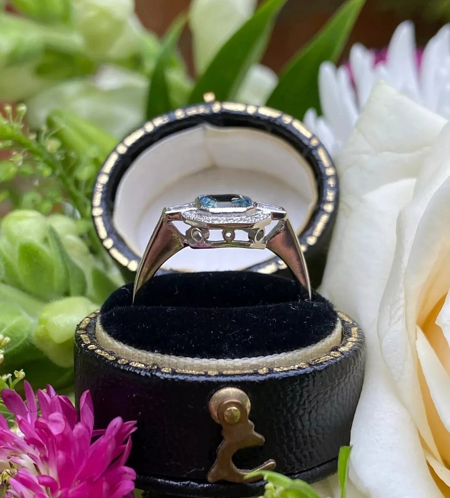Art Deco 2.55Ct Aquamarine Lab Created Diamond Engagement 14K White Gold FN Ring