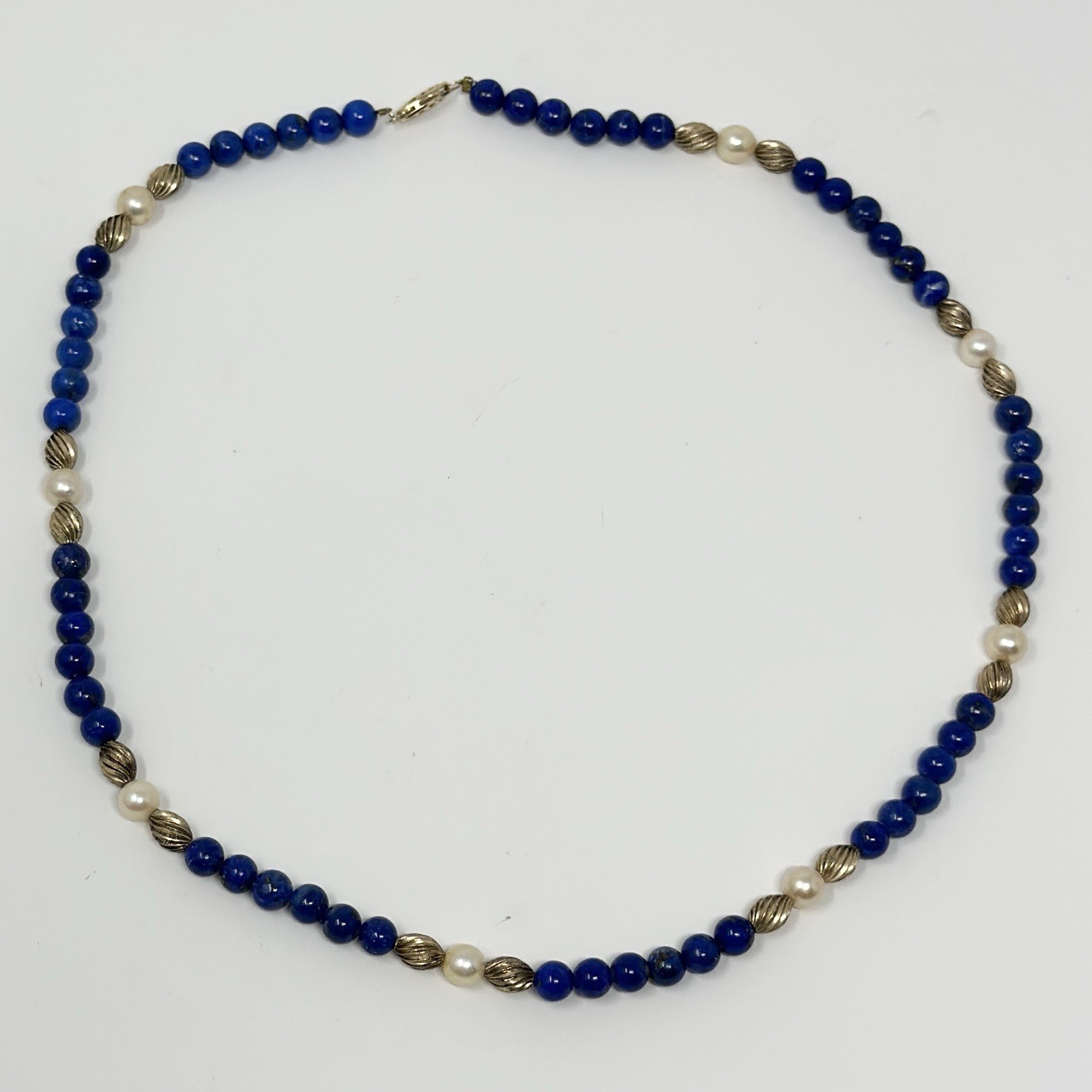 Vintage 14K Yellow Gold Polished Deep Blue Lapis Lazuli Pearl Beaded Necklace