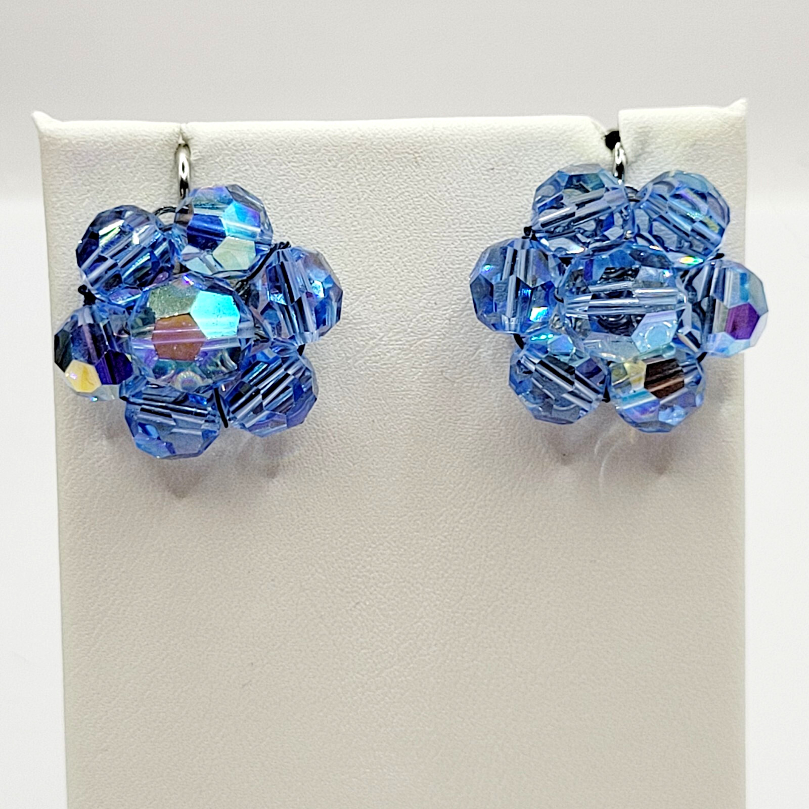 Light Blue Faceted Crystal Bead Cluster Sparkling Fancy Vintage Clip On Earrings