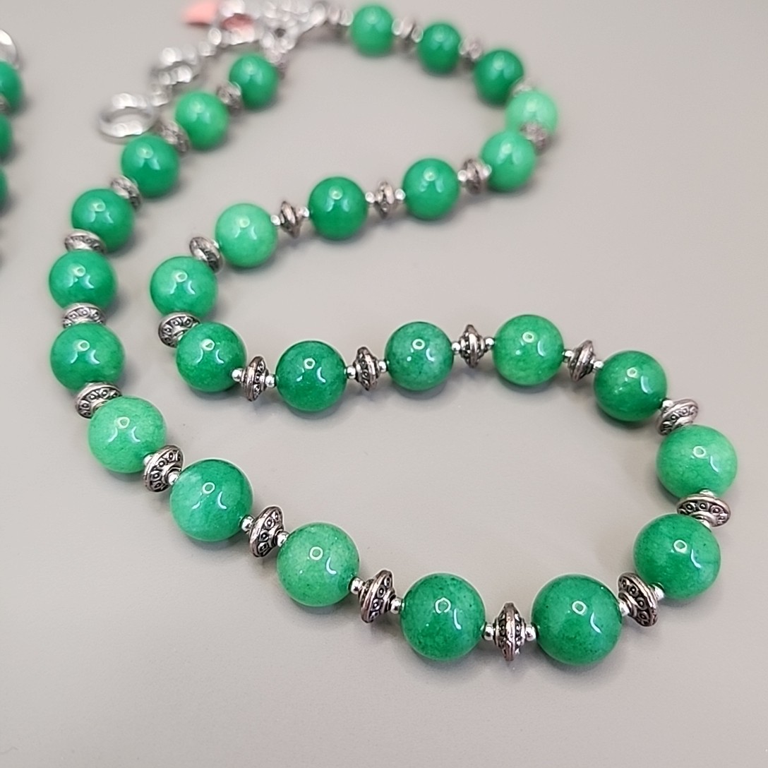 Jade Beaded Necklace Bracelet Set Green Stone Stainless Steel JTV 20″